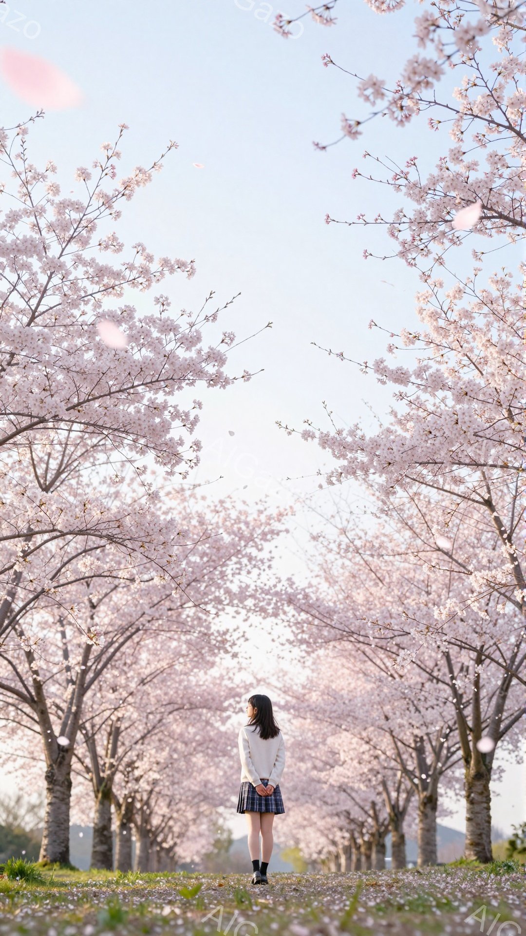 白いセーターとチェック柄のスカートを身につけた女性が、桜並木の道を歩いています。彼女は後ろ姿で、黒い髪は長く、風に舞う桜の花びらが、春の穏やかな雰囲気を醸し出しています。空は薄いピンク色に染まり、桜のトンネルが幻想的な空間を作り出しています。