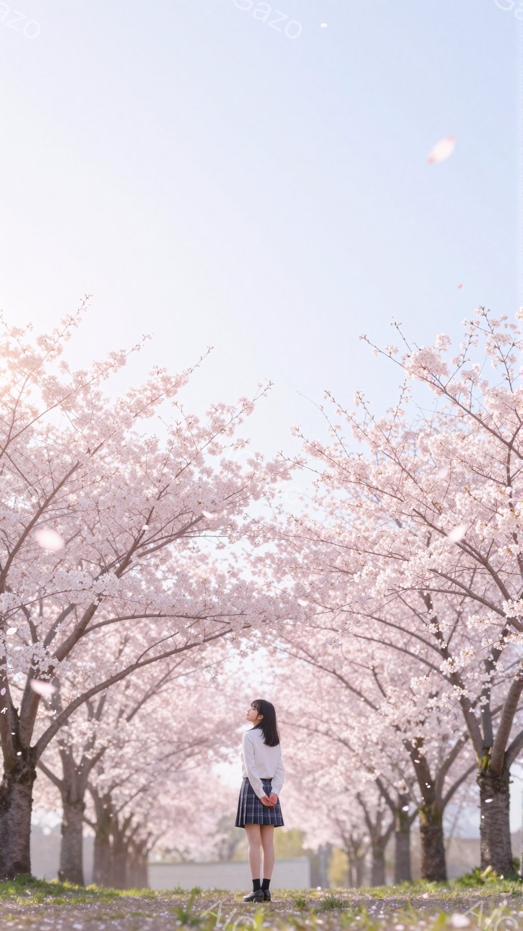 短い黒髪の少女が、桜並木の道を歩いています。紺色のブレザーにチェック柄のスカート、黒い靴を履いており、首に巻いたスカーフがアクセントです。桜の花びらが舞い散る中、空を見上げ、少し微笑んでいる様子から、春の訪れを喜んでいる穏やかな雰囲気が伝わってきます。