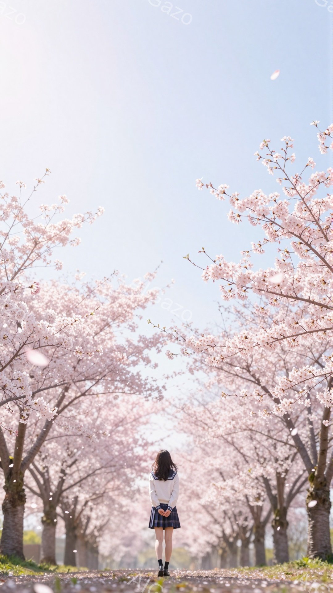 桜並木の中を、紺色のセーラー服と短いスカートを身につけた少女が歩いている。彼女は後ろ姿で、長い黒髪が背中に伸び、少し肩を丸めているように見える。背景は満開の桜で、花びらが舞い散り、明るく暖かい春の雰囲気を醸し出している。