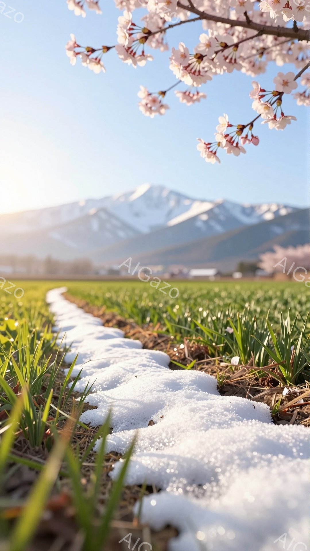 浅い雪の道が緑の田んぼの中を縫うように伸びており、遠景には雪を抱いた山々がそびえ立っている。道の脇には若々しい緑の芽が顔を出し、春の訪れを告げている。桜の花びらが画面の端に咲き誇り、穏やかで希望に満ち - AI生成フリー素材