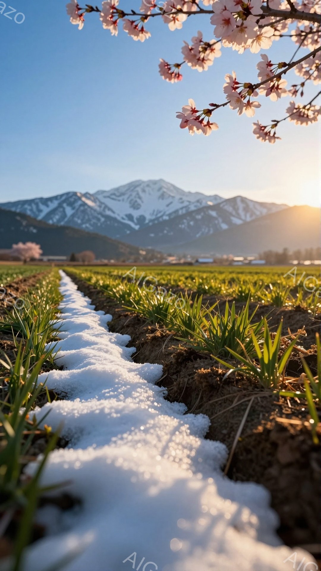 春の訪れを感じさせる風景です。雪解け水が田んぼの畦を流れ、芽吹き始めた若々しい緑色の作物が整然と並んでいます。遠方には雪を頂いた山々が連なり、穏やかな日差しが春の暖かさを伝えています。