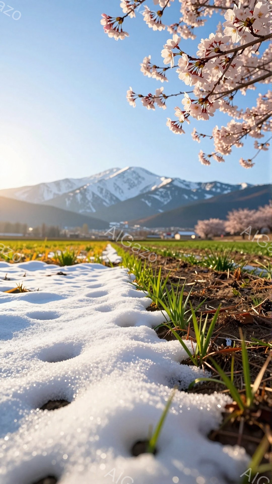 画像は、雪解け水が流れ込む田園風景を捉えたもので、手前にまだ残る雪と、そこから顔を出す若々しい緑の芽が印象的です。遠景には、雪を抱いた山々が連なり、桜の淡いピンク色の花が前景を彩り、春の訪れを感じさせます。全体的に、穏やかで希望に満ちた、美しい自然の息吹が伝わってきます。