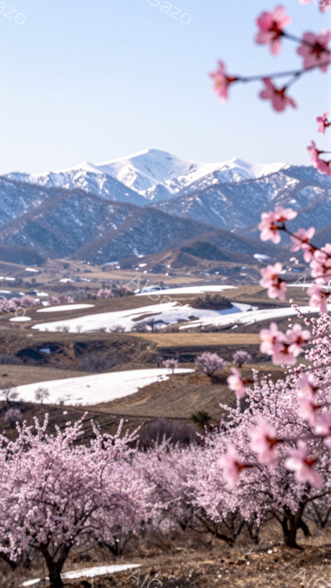 満開の桃の花が手前に咲き乱れ、背景には雪を抱いた山々が連なっている美しい風景です。茶色い土と白く雪に覆われた田畑が織りなすコントラストが印象的で、春の訪れを感じさせる穏やかな雰囲気が漂っています。遠くの山々は霞んでおり、奥行きのある眺めを作り出しています。