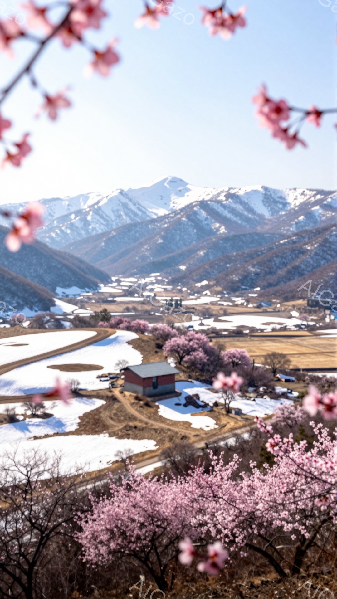 画像は、雪に覆われた山々と、ピンク色の桃の花が咲き誇る風景を描いています。手前に咲き誇る桃の花がフレームを彩り、遠景には雪化粧した山々と、桃の花が点在する田園風景が広がっています。暖かな日差しが降り注 - AI生成フリー素材
