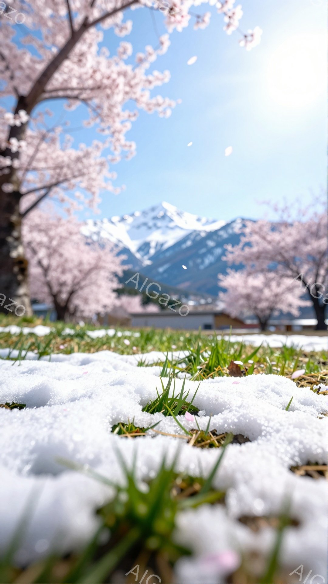 白い雪の上に、緑の若芽が顔を出し始めた春の風景です。背景には桜の淡いピンク色の花びらが咲き誇り、さらに遠くには雪を抱いた山々がそびえ立っています。暖かな日差しが降り注ぎ、雪解け水がキラキラと輝き、希望に満ちた穏やかな春の訪れを感じさせます。