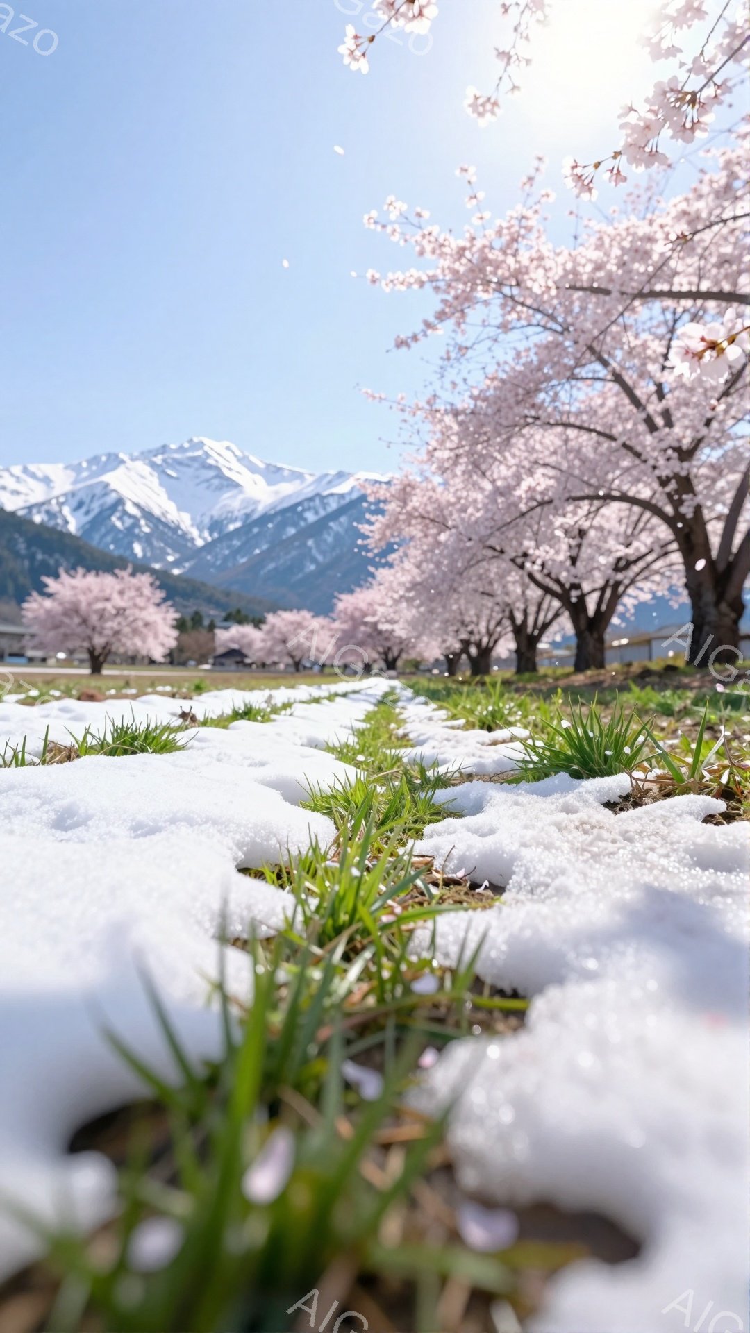 満開の桜並木が広がり、その奥には雪を抱いた山々が連なっている春の風景です。手前には緑が芽吹き始めた草が生え、地面にはまだ雪が残っていることから、春の訪れと冬の名残が共存する様子が伺えます。空は澄み切っ - AI生成フリー素材