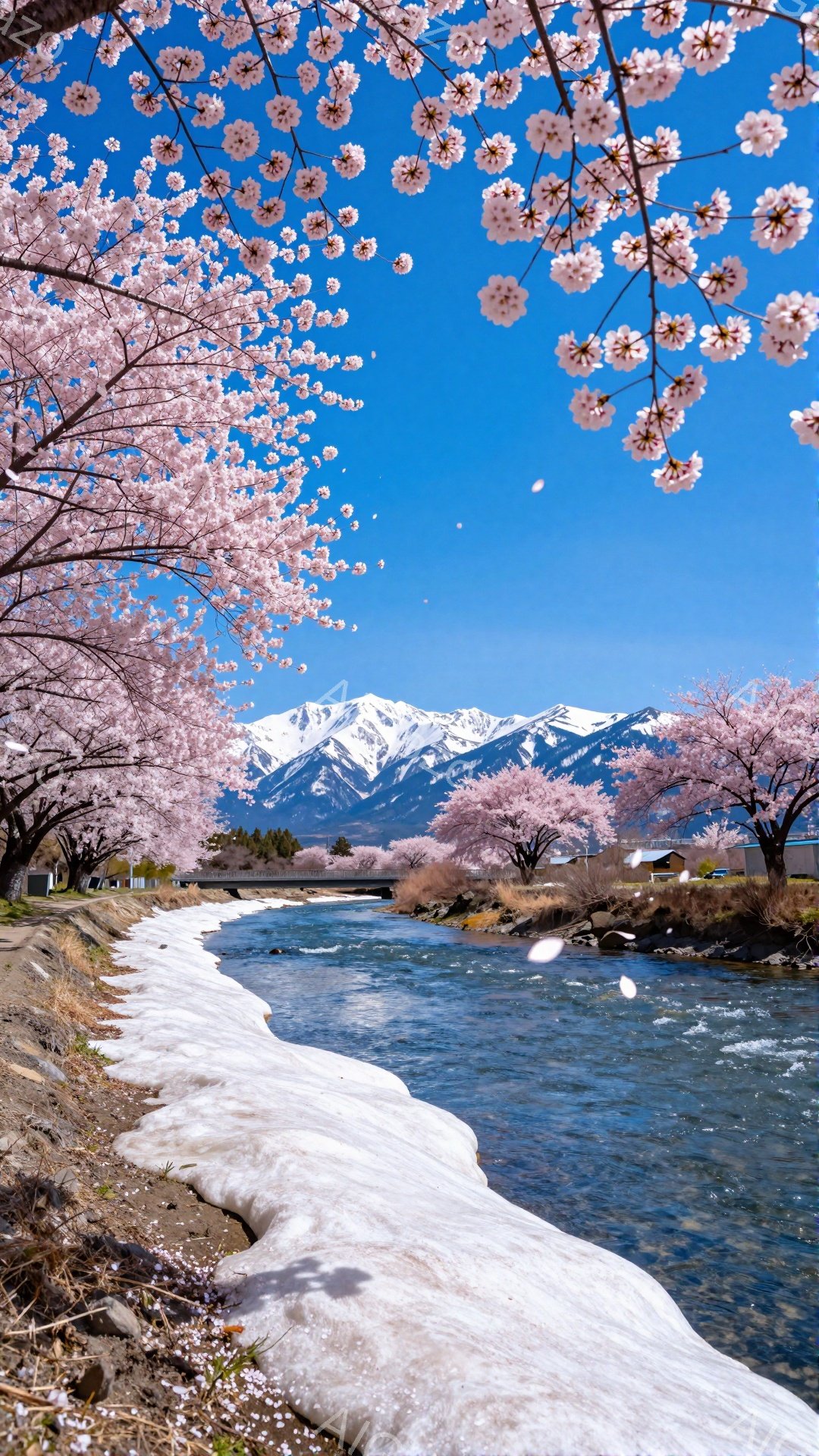 桜の花びらが舞い散る春の日、雪解け水が流れる清流沿いに桜並木が続く美しい風景です。遠景には雪を抱いた山々が連なり、水面に映る桜と雪山のコントラストが幻想的です。春の訪れを感じさせる、穏やかで希望に満ちた雰囲気の絵画のような光景です。