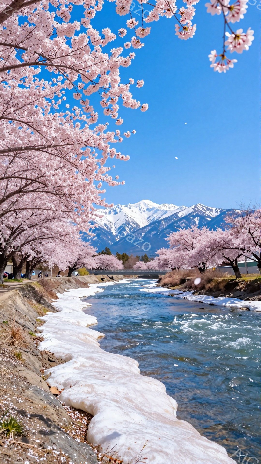 鮮やかな青空の下、雪解け水が流れる川沿いに桜並木が咲き誇っています。遠くには雪を頂いた山々が連なり、春の訪れを感じさせる美しい風景です。川岸には残雪が残り、対照的な光景がより一層季節感を際立たせています。