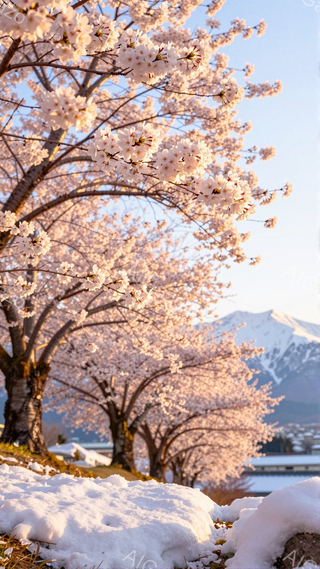 桜並木が咲き誇り、その奥には雪を抱いた山々が連なる美しい風景です。道路脇にはまだ雪が残っており、春の訪れと冬の名残が混在する季節の移ろいを感じさせます。穏やかな光が桜の花びらを照らし、暖かく幻想的な雰 - AI生成フリー素材