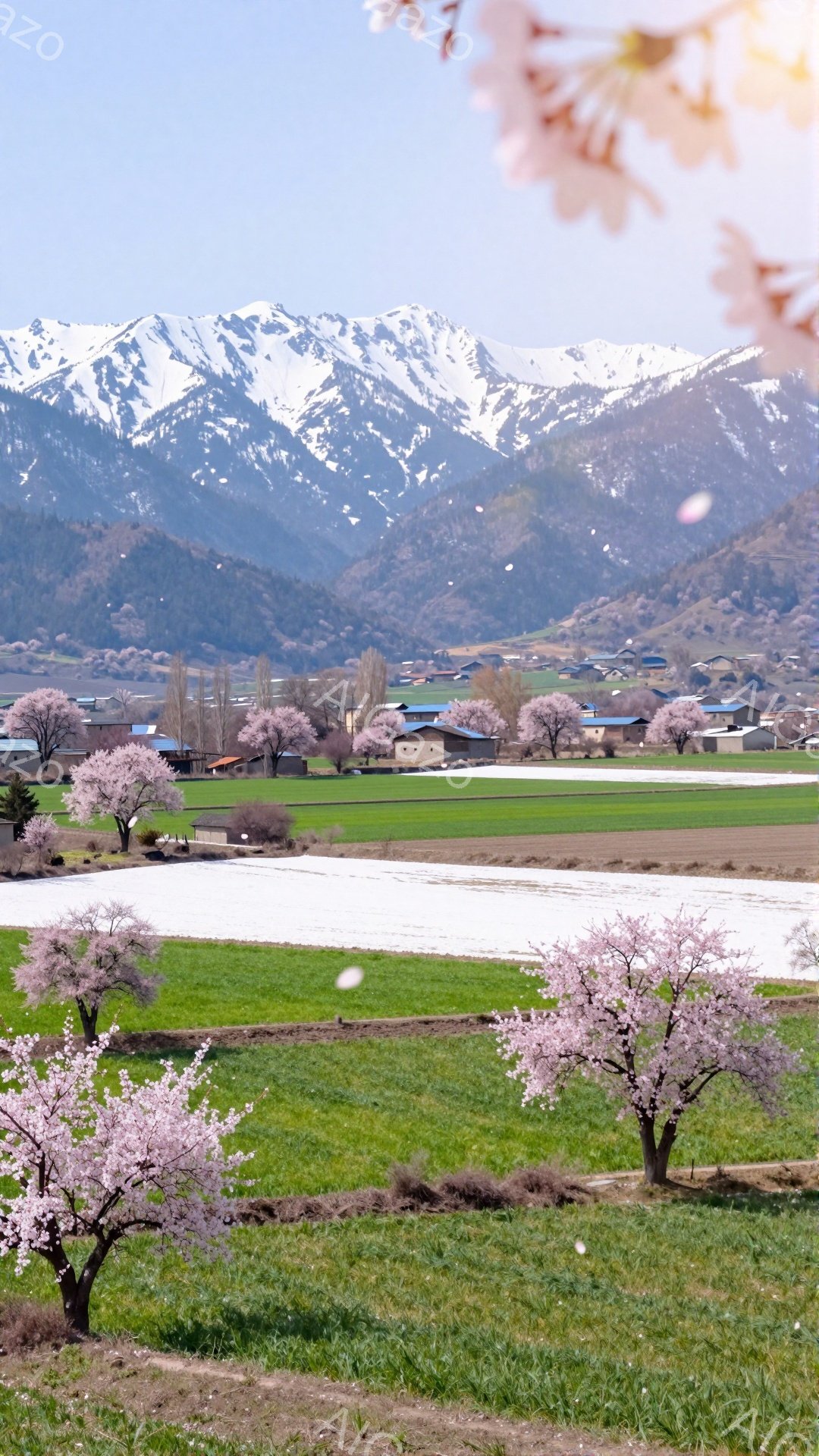 広大な緑の田園風景の中に、ピンク色の桜の木が点在し、その背景には雪を抱いた山々が連なっている。空は晴れ渡り、穏やかな春の陽気が感じられる、のどかな光景だ。手前に咲き誇る桜の花びらが、春の訪れを告げている。