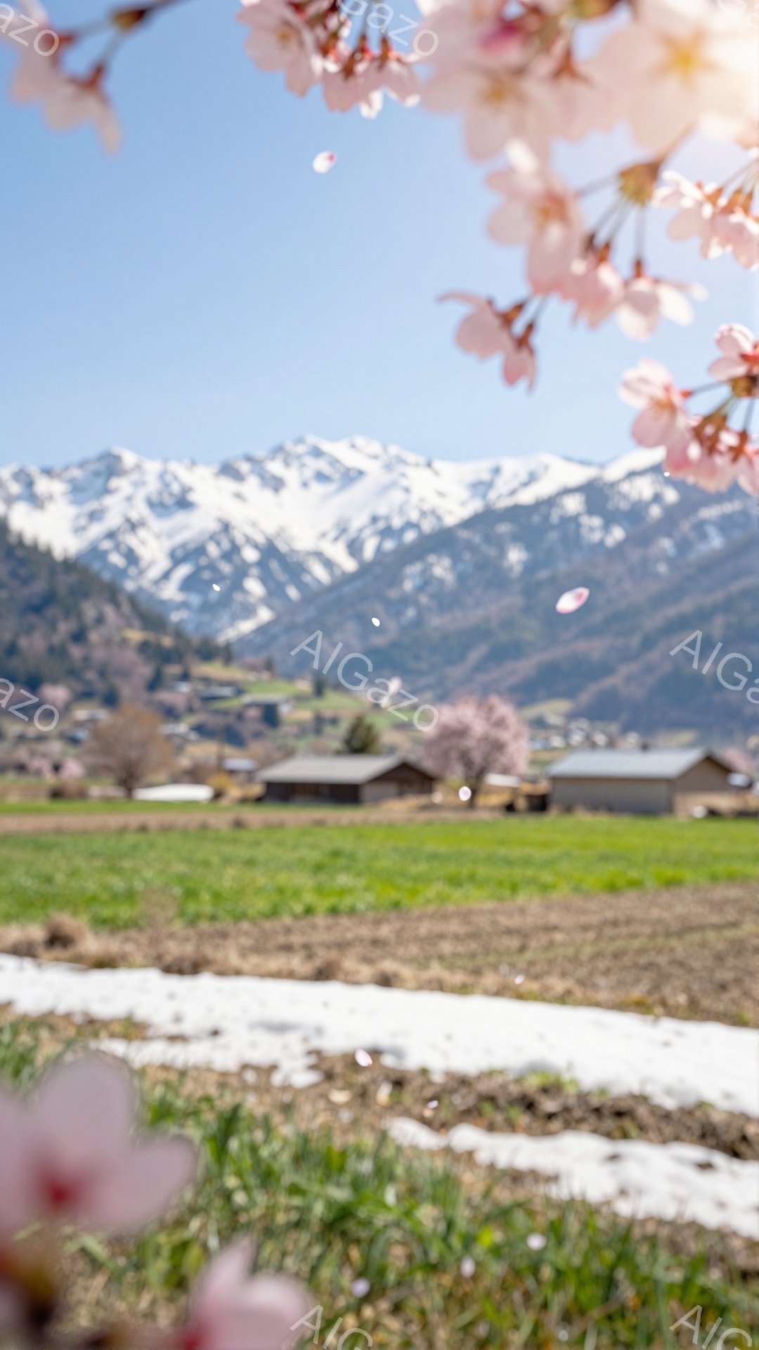 広大な緑の田園風景が広がり、遠くには雪を抱いた山々がそびえ立っている。手前には桜の花びらが舞い、春の穏やかな暖かさを感じさせる。小さな家々が点在し、自然豊かな田舎の風景が印象的だ。 - AI生成フリー素材