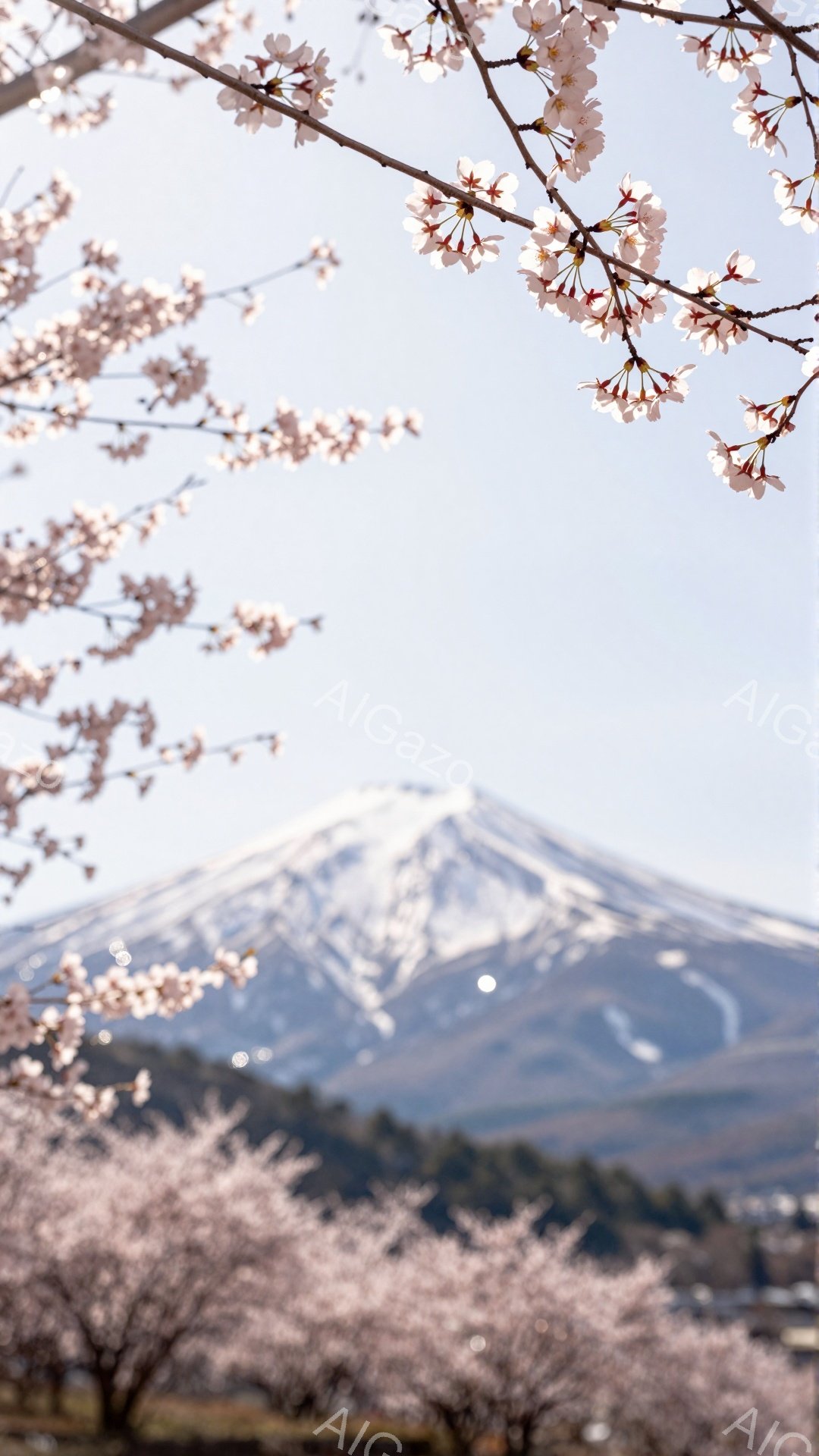 桜の花びらが画面いっぱいに咲き誇り、その向こうに雪を抱いた富士山が穏やかにそびえ立っている。手前に見える桜の木々は、春の暖かさの中で柔らかい光を浴び、背景の街並みと自然が調和した美しい風景を作り出して - AI生成フリー素材