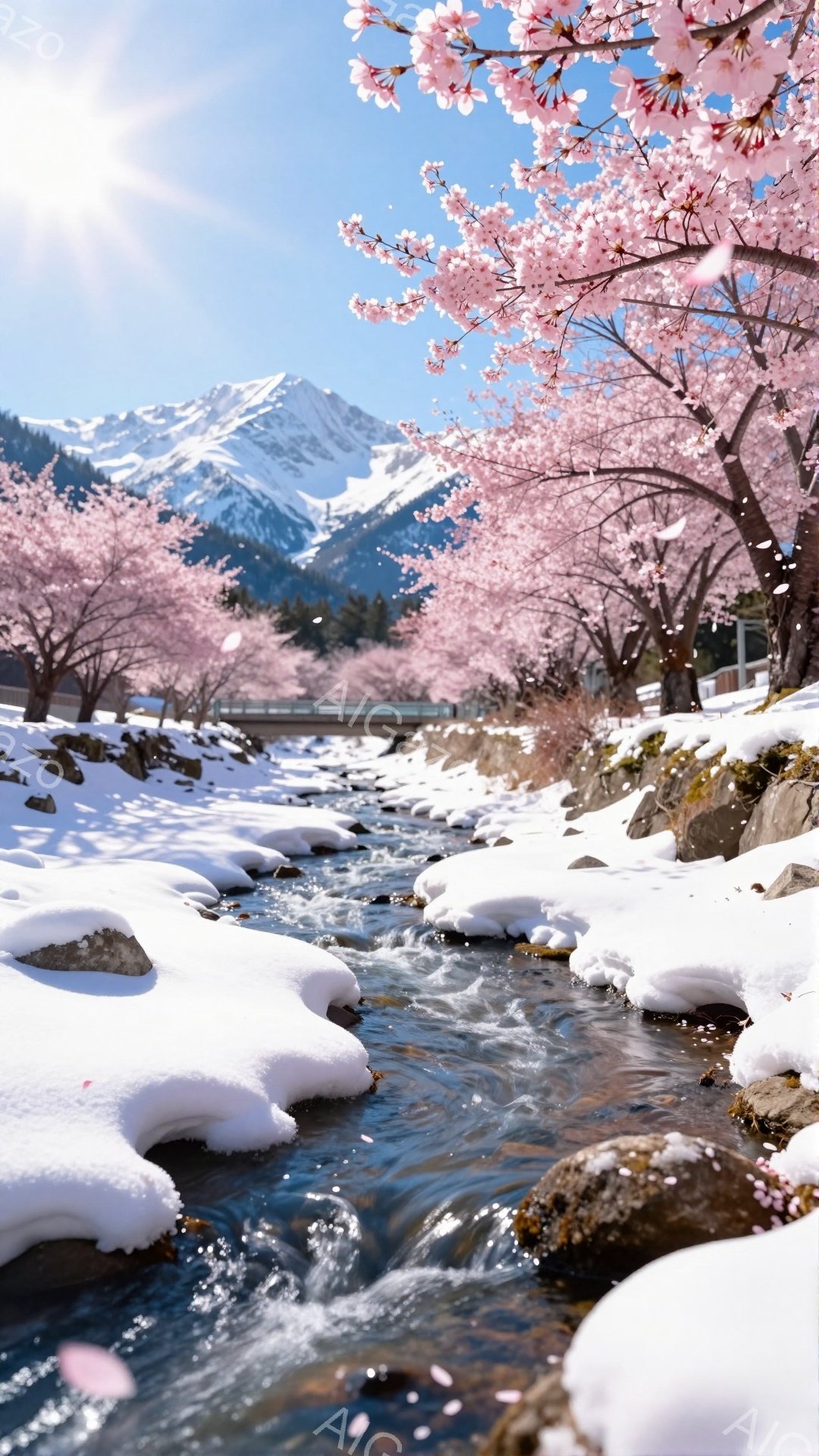 満開の桜並木が雪解け水の流れる小川沿いに続き、背景には雪を抱いた山々がそびえ立っています。水面は所々凍りつき、岸辺には雪が積もっており、春の訪れと冬の名残が同時に感じられます。明るい陽光と桜の花びらが舞い散る様子から、穏やかで幻想的な雰囲気が漂っています。