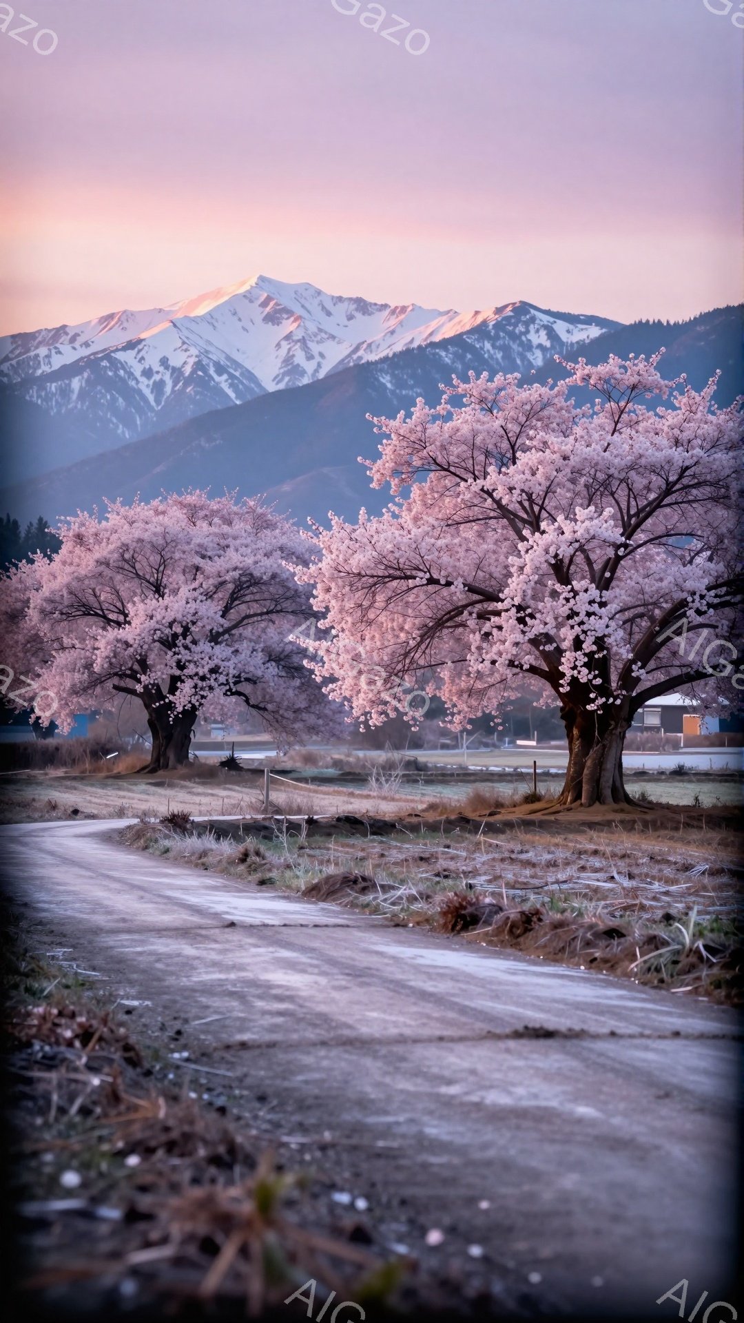 道路の両側に桜並木が咲き誇り、その先に雪を抱いた山々が連なっている。朝焼けの柔らかな光が桜の花びらと山の稜線をピンク色に染め上げ、穏やかで幻想的な雰囲気を醸し出している。田園風景の中に、静けさと春の訪 - AI生成フリー素材