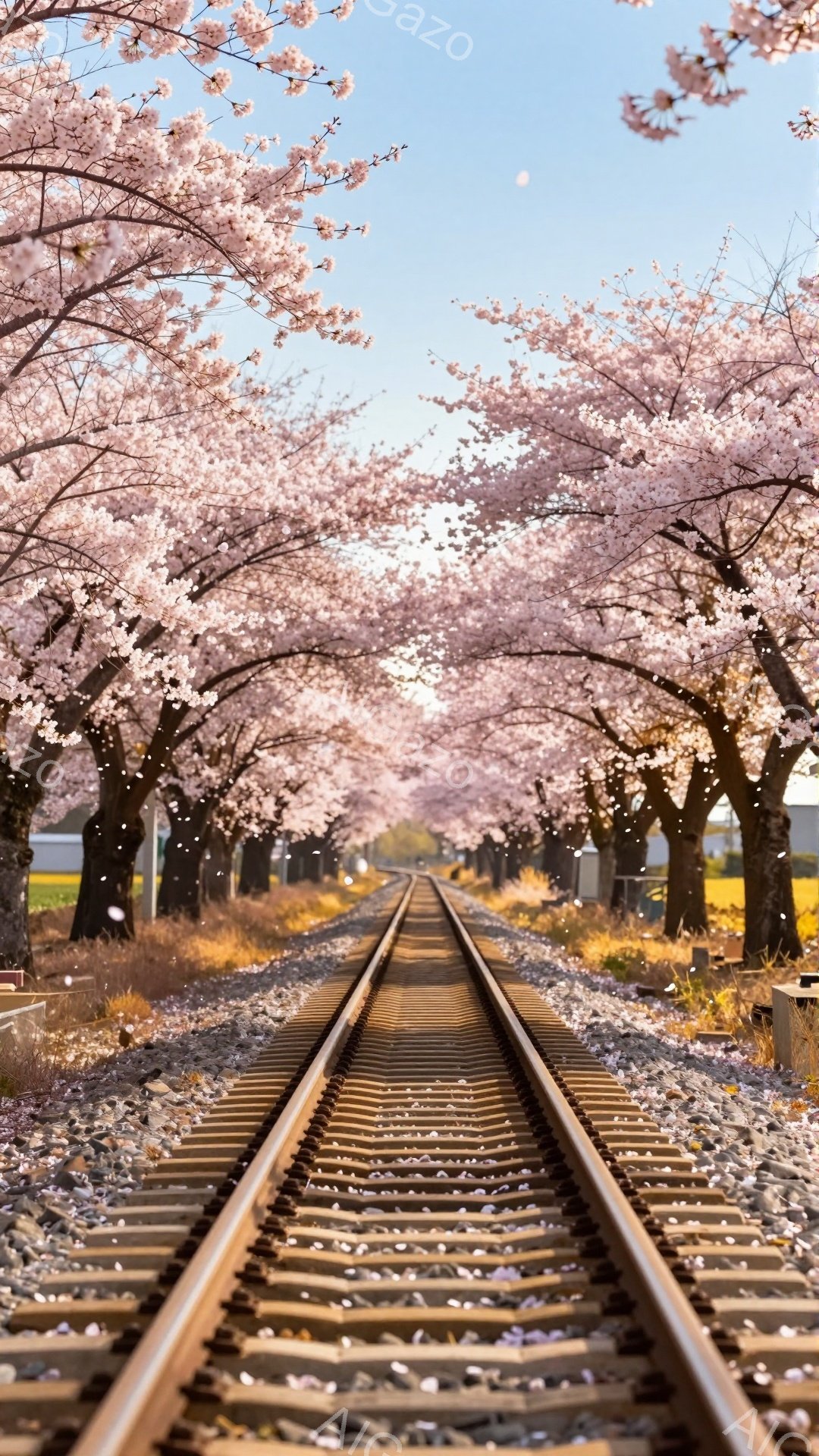 線路が桜並木のトンネルのように続く風景です。満開の桜の花びらが舞い散り、線路と白っぽい砂利の上を覆っています。背景には穏やかな空と、遠くに見える建物や緑が広がっており、春の暖かく幻想的な雰囲気が漂っています。