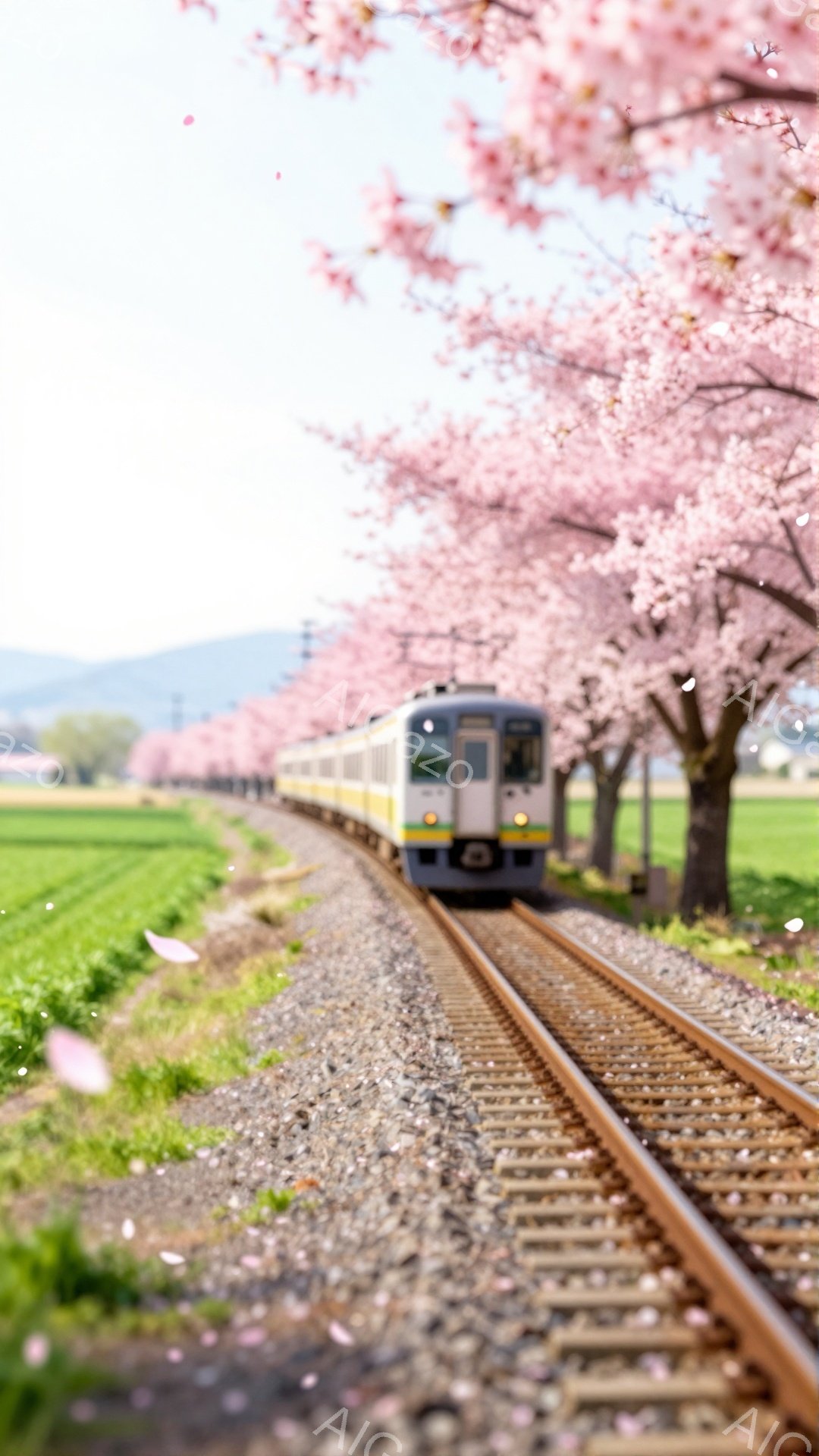 鉄道の線路が桜並木の中をまっすぐ進んでおり、列車が線路の上を走っている様子が捉えられています。背景には緑の田園風景と遠くの山々が広がり、舞い散る桜の花びらが春の暖かな雰囲気を演出しています。全体的に柔らかい光が差し込み、穏やかで美しい情景が広がっています。