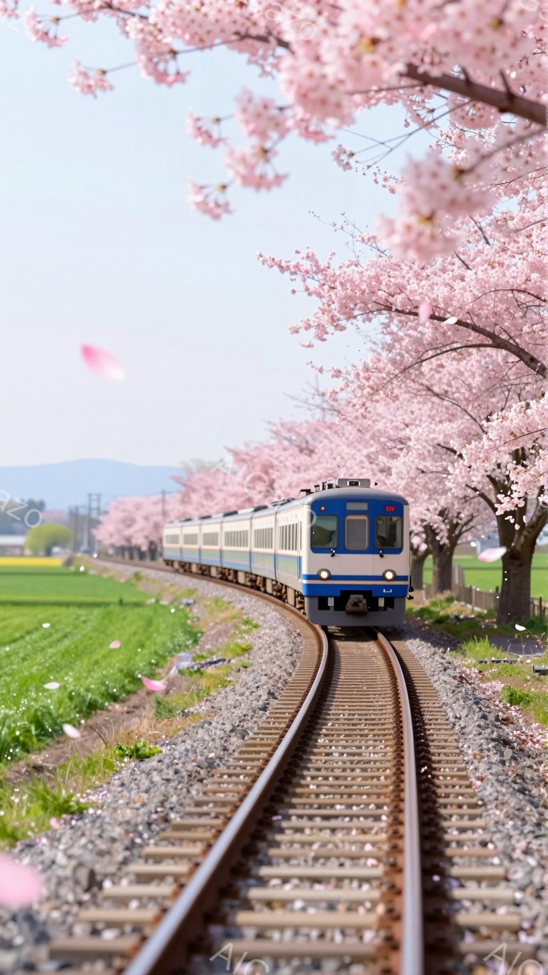 鉄道線路に沿って桜並木が咲き誇り、その間を白い電車が走っている風景です。空は晴れており、舞い散る桜の花びらが春の暖かさを感じさせます。緑の田園風景と桜のコントラストが美しく、穏やかで希望に満ちた雰囲気 - AI生成フリー素材