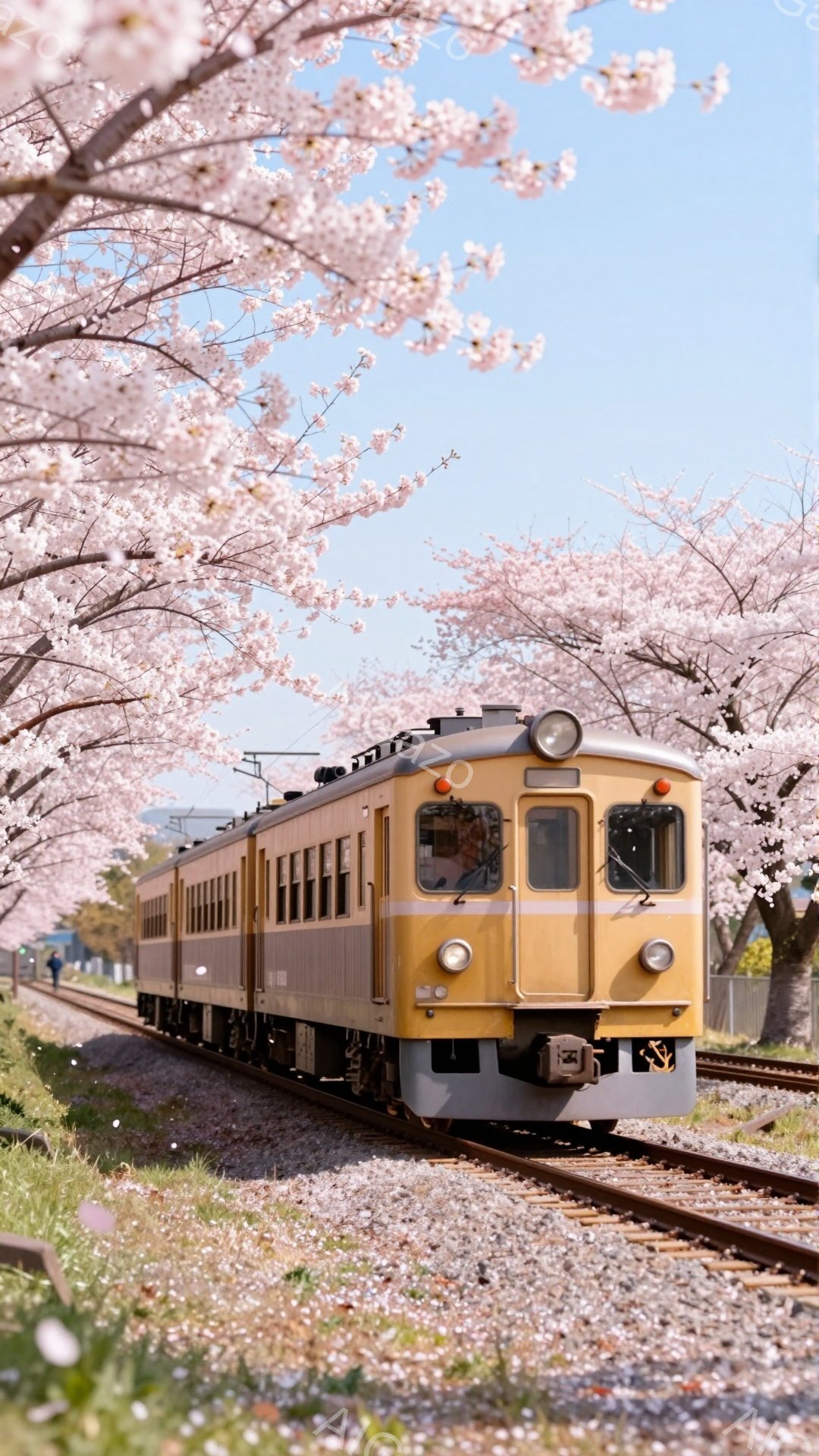 淡い黄色い電車が桜並木の中を走っている様子が写っている。桜の花びらが線路や地面に散りばめられ、春の穏やかな雰囲気を醸し出している。空は青く、晴天で、背景には緑の木々と住宅が見える。