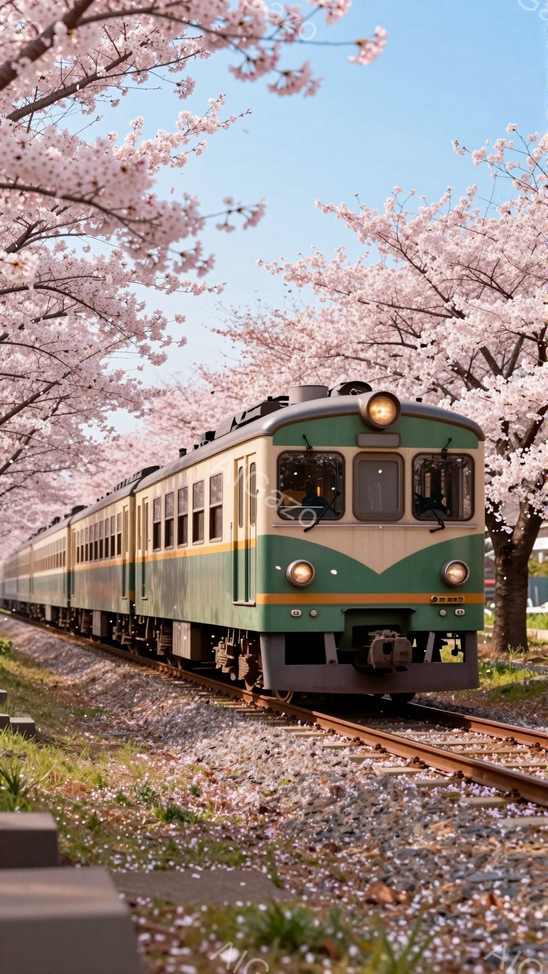 緑色の列車が満開の桜並木の中を走っている様子が捉えられています。線路脇には桜の花びらが舞い散り、春の暖かさと美しい風景が広がっています。列車の窓からは運転士が見え、穏やかな春の日の旅情を誘います。