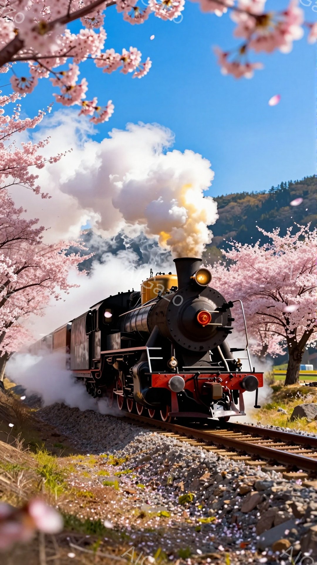 蒸気機関車が桜並木の中を力強く走っている様子が描かれています。機関車からは煙が立ち上り、春の暖かさと列車の力強さが相まって、ノスタルジックで美しい雰囲気を醸し出しています。背景には青空と緑豊かな山々が広がり、桜の花びらが舞い散る幻想的な光景です。