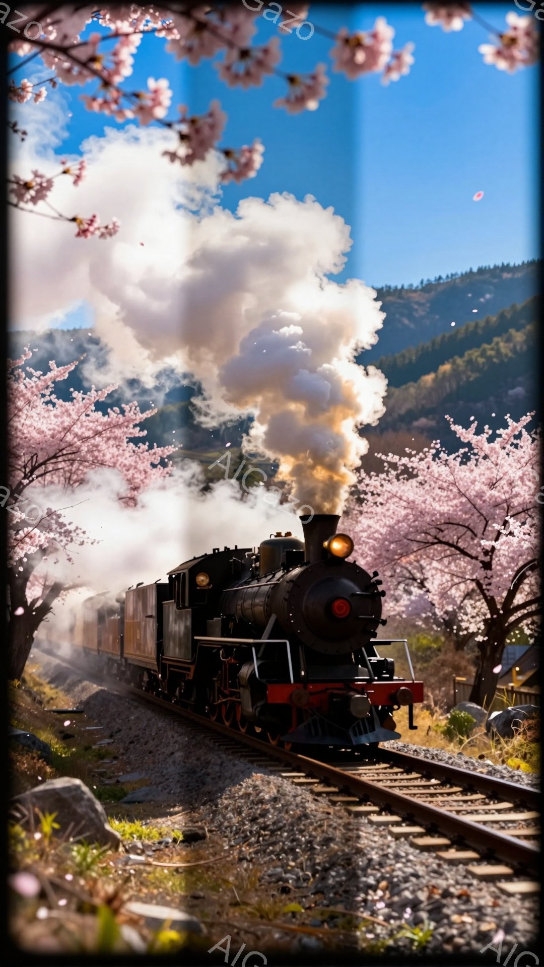 蒸気機関車が桜並木の中を走っている風景です。機関車は黒色で、赤色の装飾が施されており、白い蒸気を大量に噴き出しています。背景には緑豊かな山々が広がり、空は晴れ上がっています。