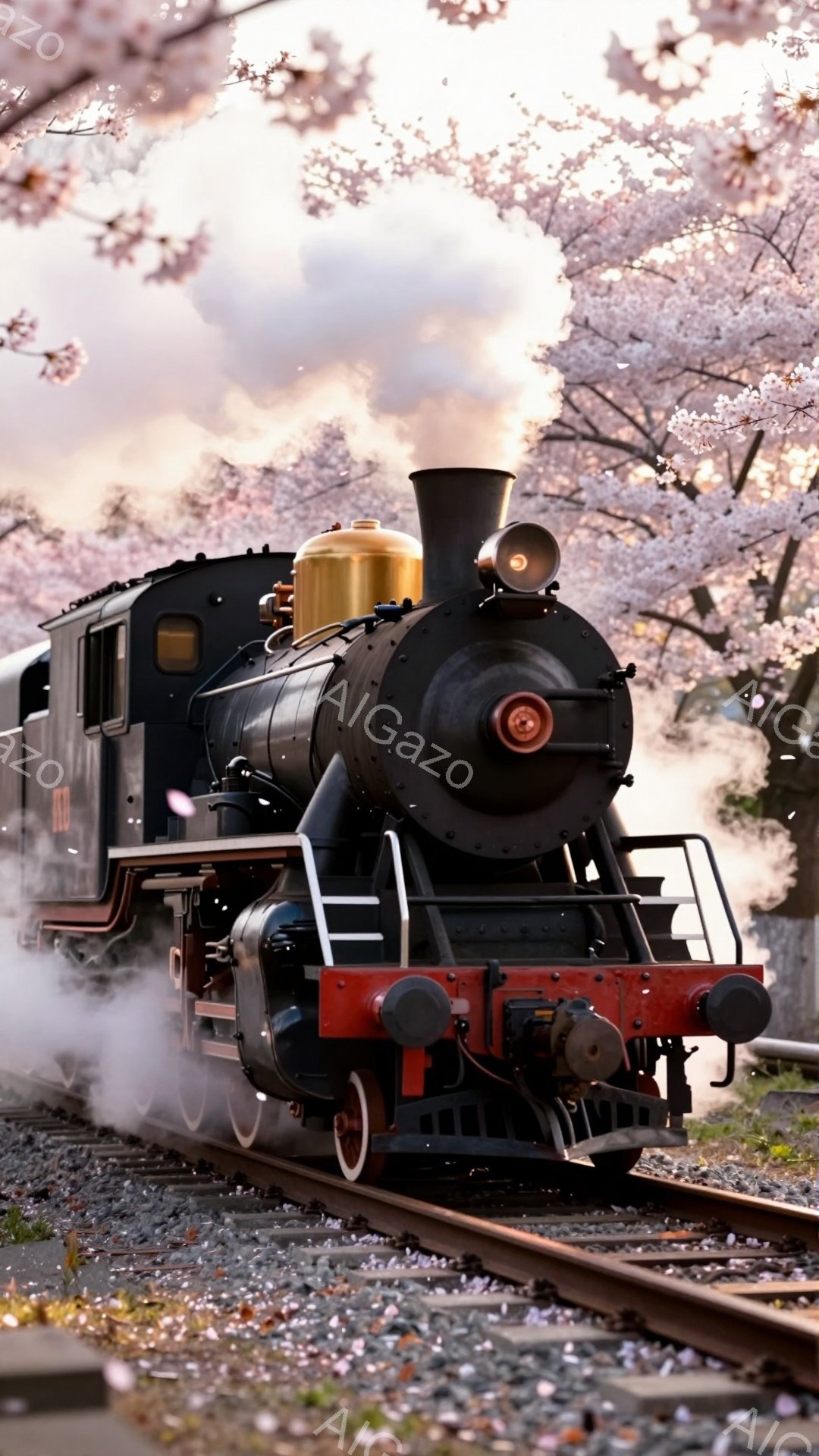 蒸気機関車が桜並木の中を走行しており、線路には桜の花びらが舞い散っている。機関車は黒と赤色の塗装で、煙を上げながら春の風景の中を力強く進んでいく。背景には桜の花が咲き乱れる木々と、柔らかい光が差し込む空が広がっており、暖かく幻想的な雰囲気を醸し出している。