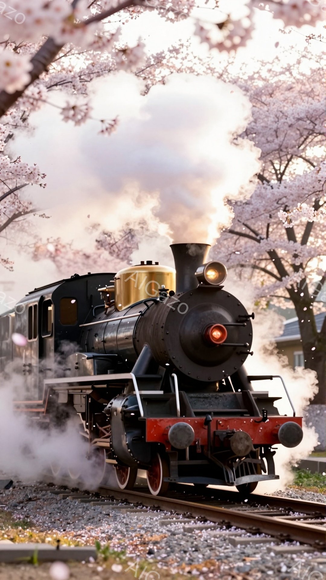 蒸気機関車が桜並木の中を走っており、ピンク色の花びらが舞い散る幻想的な光景が広がっています。機関車の黒いボディと赤い車輪が際立ち、春の温かい日差しに照らされています。背景には、ぼんやりと見える建物と、満開の桜が咲き誇る美しい風景が広がっています。