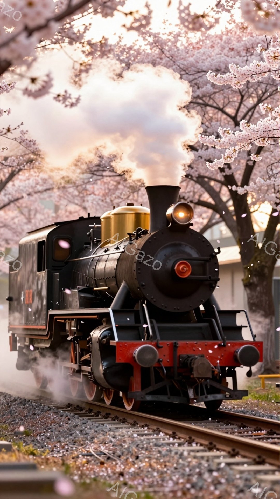 蒸気機関車が桜並木の線路を走っている様子が描かれています。機関車は黒色を基調とし、赤色のアクセントが施されており、煙を上げて勢いよく進んでいます。背景には満開の桜が咲き乱れ、桜の花びらが舞い散る美しい春の情景が広がっています。