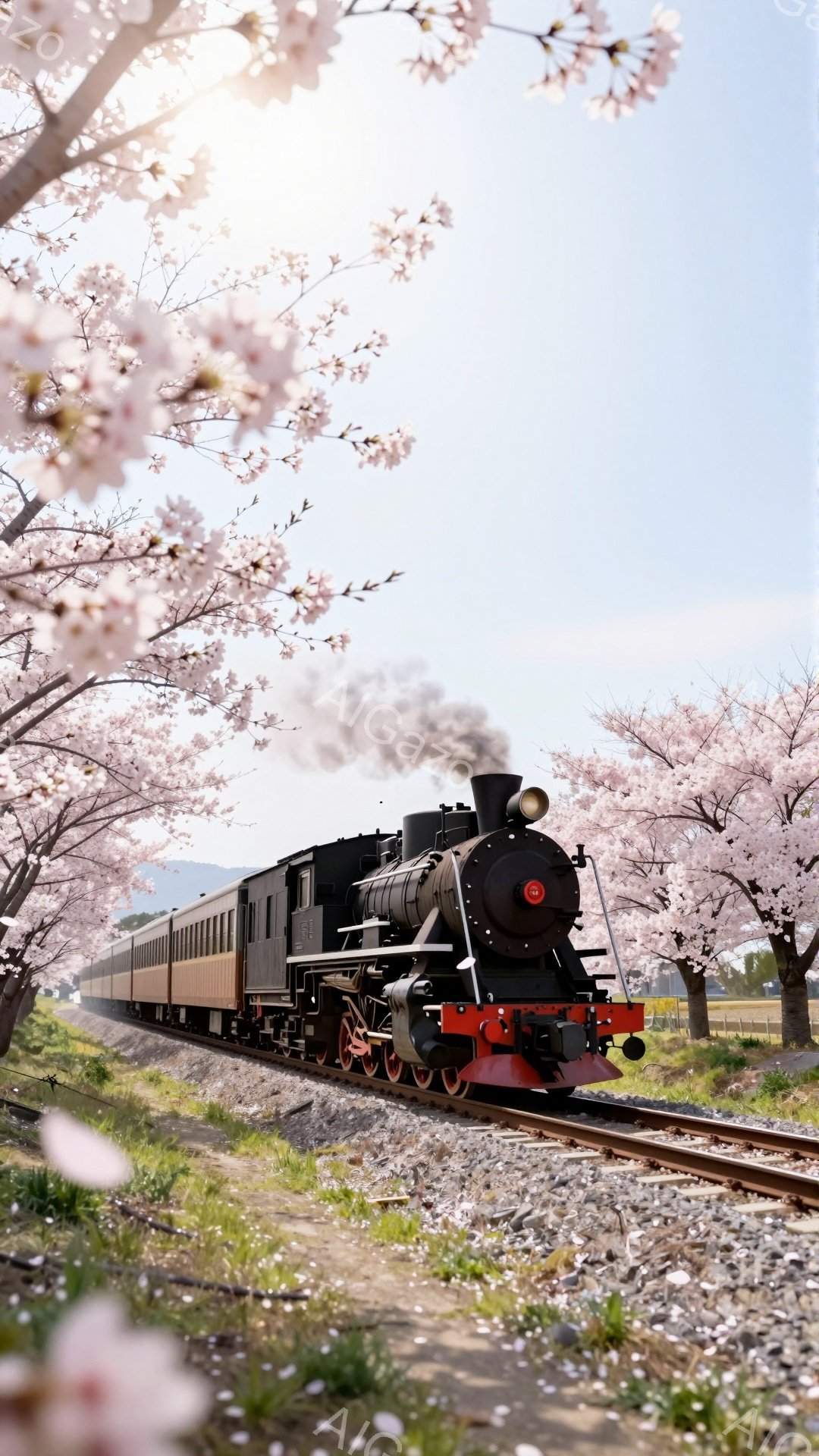 満開の桜並木の中を、蒸気機関車がゆっくりと走っている風景です。黒い車体と赤い先頭部分が桜の淡いピンク色と鮮やかにコントラストをなしており、春の穏やかな日差しが降り注いでいます。背景には緑の田園風景と遠くの山々が広がっており、全体的にノスタルジックで美しい雰囲気を醸し出しています。