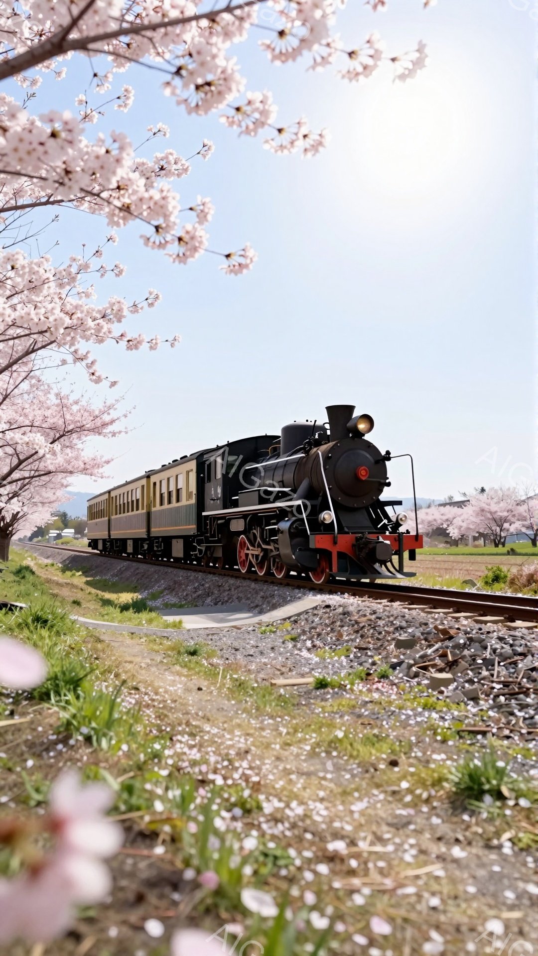 桜の花びらが舞う線路の上を、蒸気機関車がゆっくりと走っている。機関車は黒と赤色のコントラストが強く、レトロな雰囲気を醸し出しており、背景には青空と緑の田園風景が広がり、春の穏やかな陽気が感じられる。線 - AI生成フリー素材