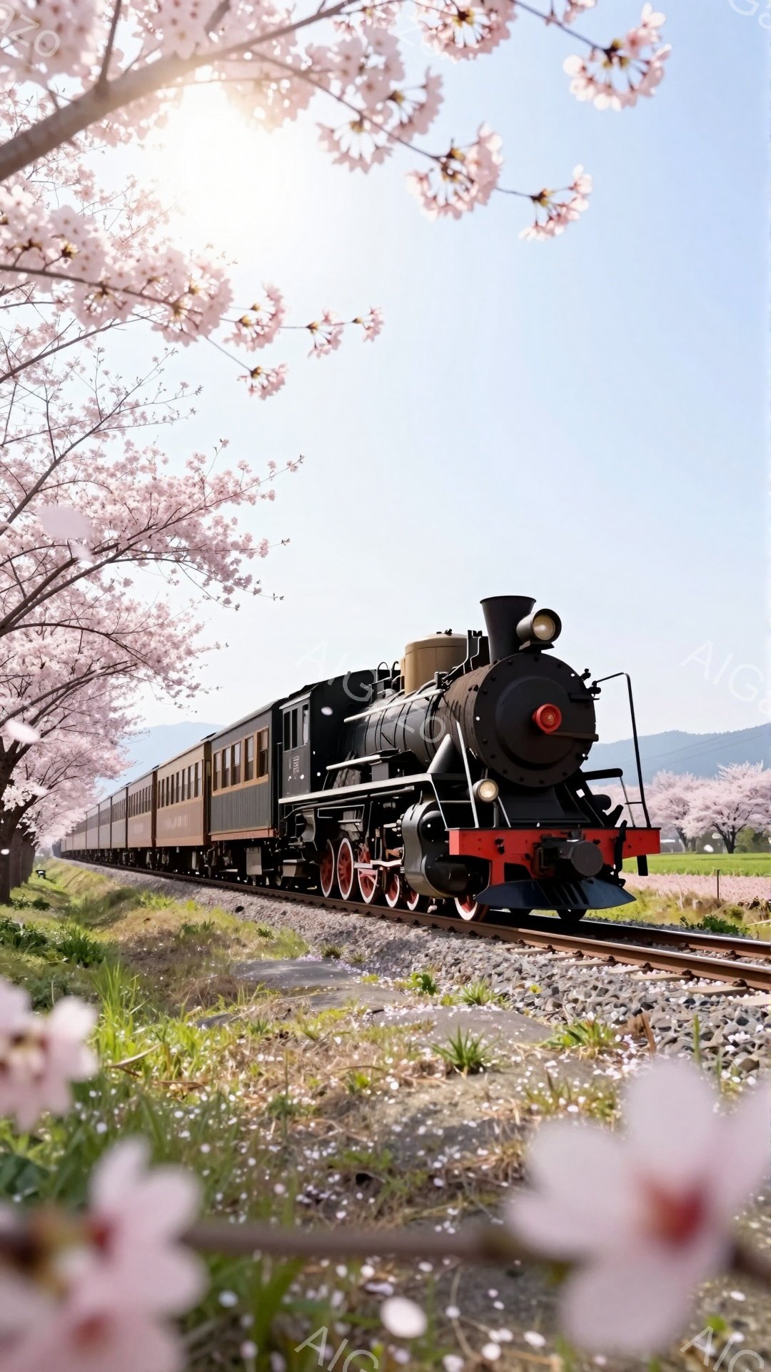 蒸気機関車が満開の桜並木の中を走っている風景です。機関車は黒く、客車は茶色で、鮮やかな緑の田園風景とコントラストをなしています。春の穏やかな日差しが降り注ぎ、桜の花びらが舞い散る、ノスタルジックで美しい情景です。