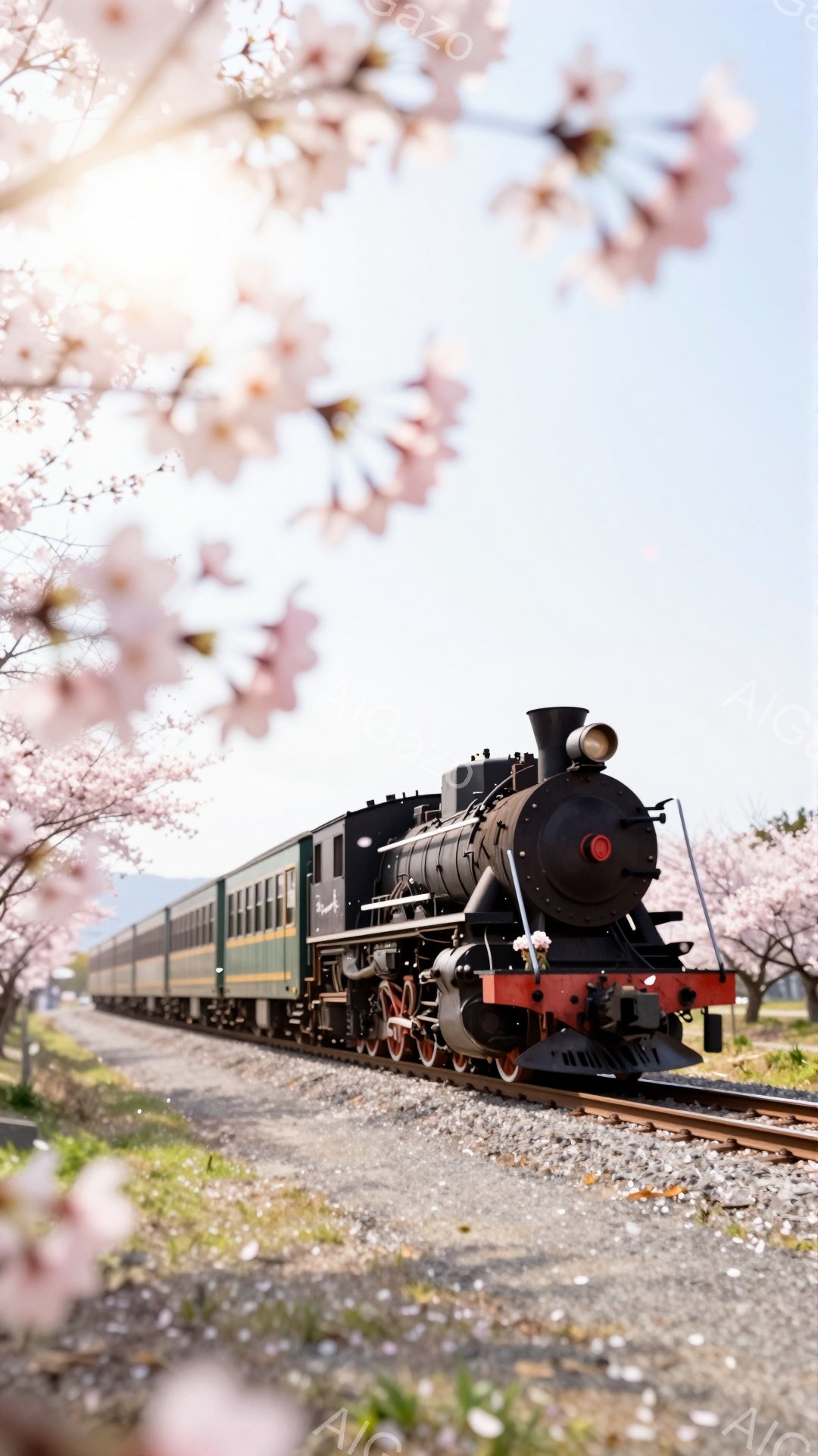 蒸気機関車が桜並木の中をゆっくりと走っている様子が捉えられています。機関車の黒い車体と、ピンク色の桜の花びらが対照的で、春の穏やかな雰囲気を醸し出しています。背景には緑の丘が見え、天候は晴れで、全体的に暖かく、ノスタルジックな印象を与えます。