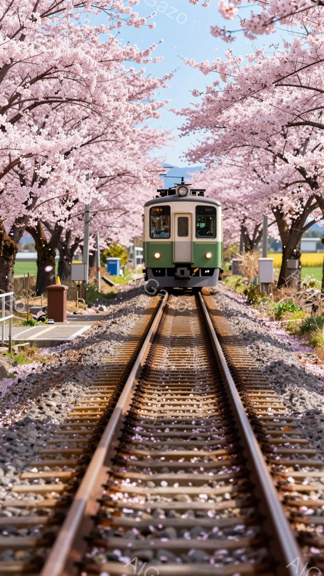 線路が桜並木のトンネルのように続く風景で、緑色の電車がその中心を走っている。桜の花びらが線路や地面に舞い散り、春の穏やかで美しい雰囲気を醸し出している。背景には田園風景が広がり、遠くには山々が見える、日本の春の風情あふれる光景だ。