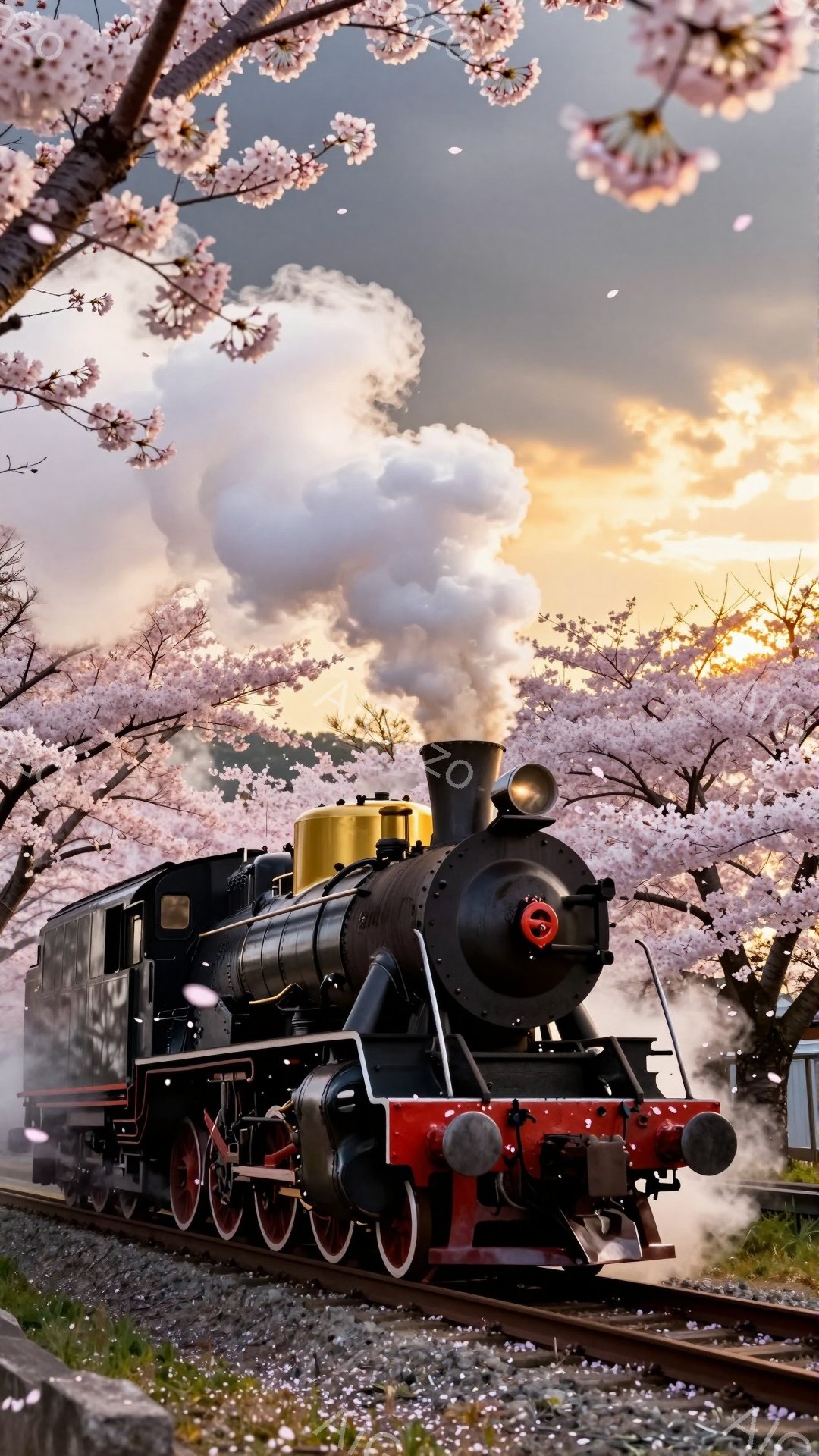 蒸気機関車が桜並木の中を走っている様子が描かれています。機関車は黒と赤のコントラストが美しく、煙を上げて力強く前進しています。背景には夕焼け空と満開の桜が広がり、春の暖かく幻想的な雰囲気を醸し出しています。