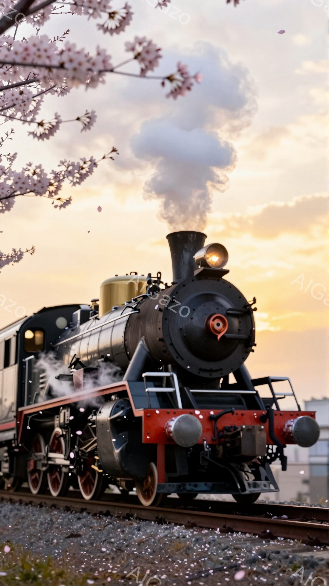 蒸気機関車が線路を力強く走っている様子が捉えられています。機関車は黒と赤の配色で、運転席のランプが光り、蒸気を噴き上げています。背景には桜の花びらが舞い、夕焼け空が広がっており、ノスタルジックで美しい雰囲気を醸し出しています。