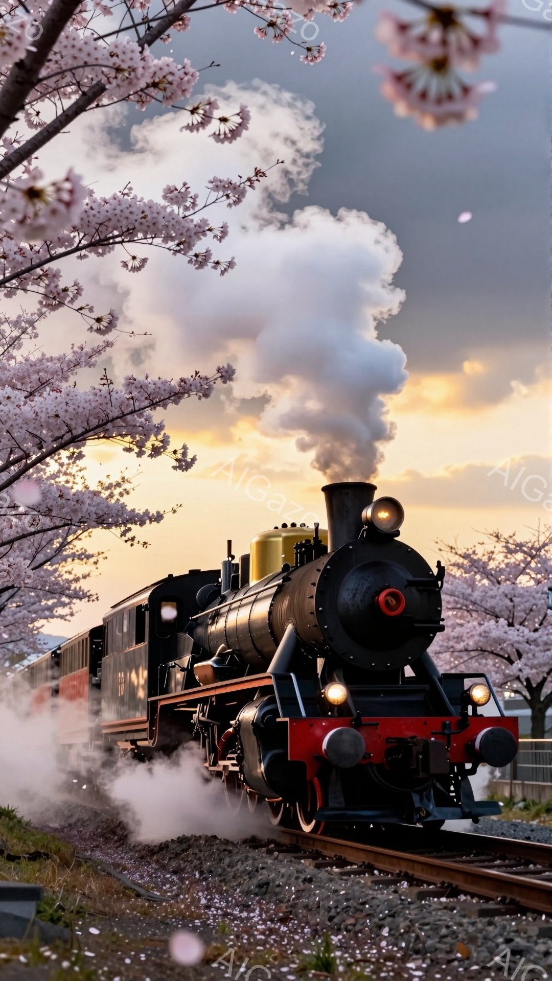 蒸気機関車が桜並木の中を走っている様子が捉えられています。機関車は黒と赤の配色で、桜の花びらが舞い散る中、力強く前進しています。空は夕焼けでオレンジ色に染まり、春の暖かく幻想的な雰囲気を醸し出しています。