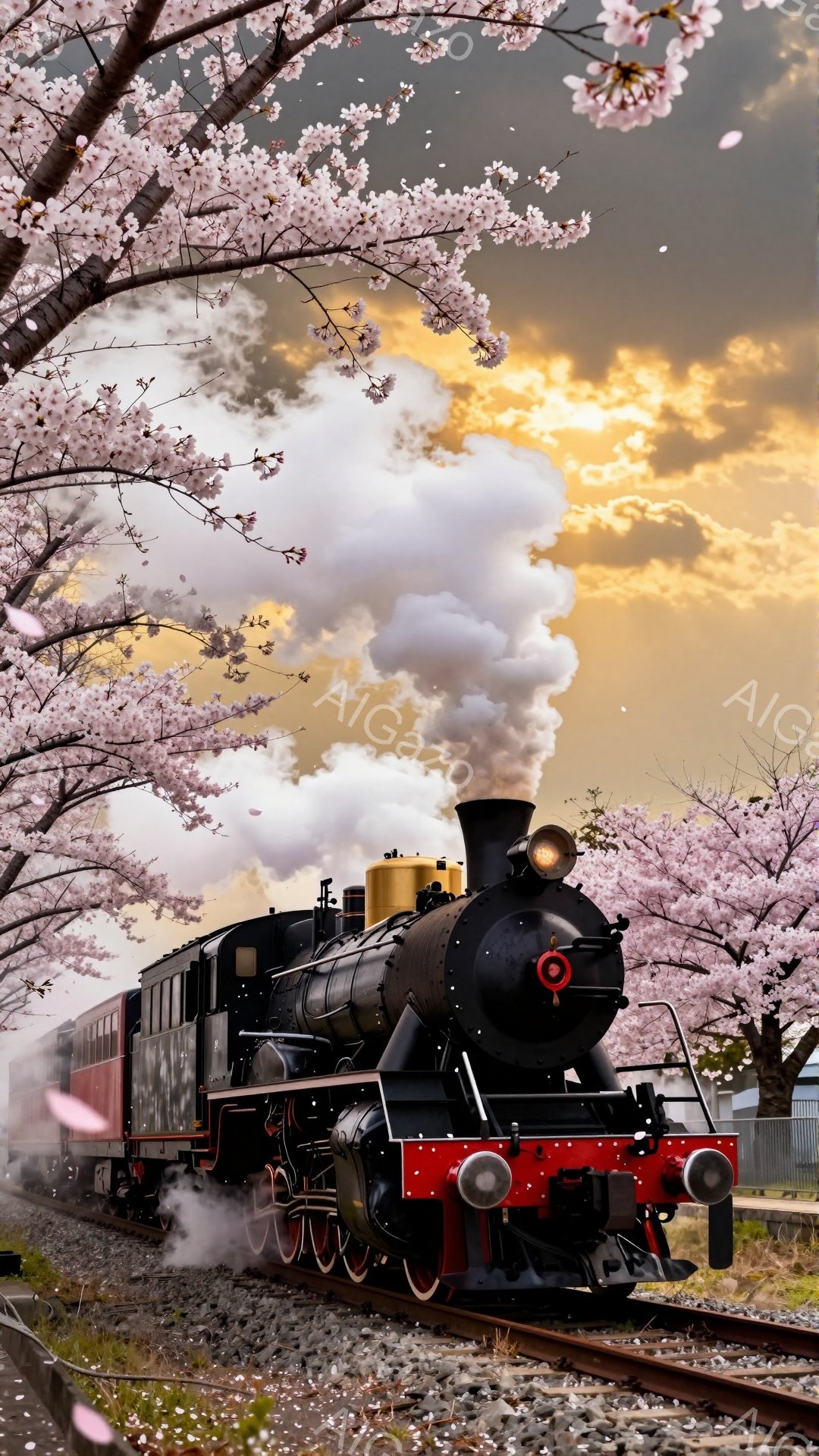 蒸気機関車が桜並木の中を走っている様子が描かれています。機関車は黒と赤の鮮やかな色合いで、煙を上げながら進んでいます。背景には、ピンク色の桜の花びらが舞い散り、空は夕焼けのような暖色で彩られています。