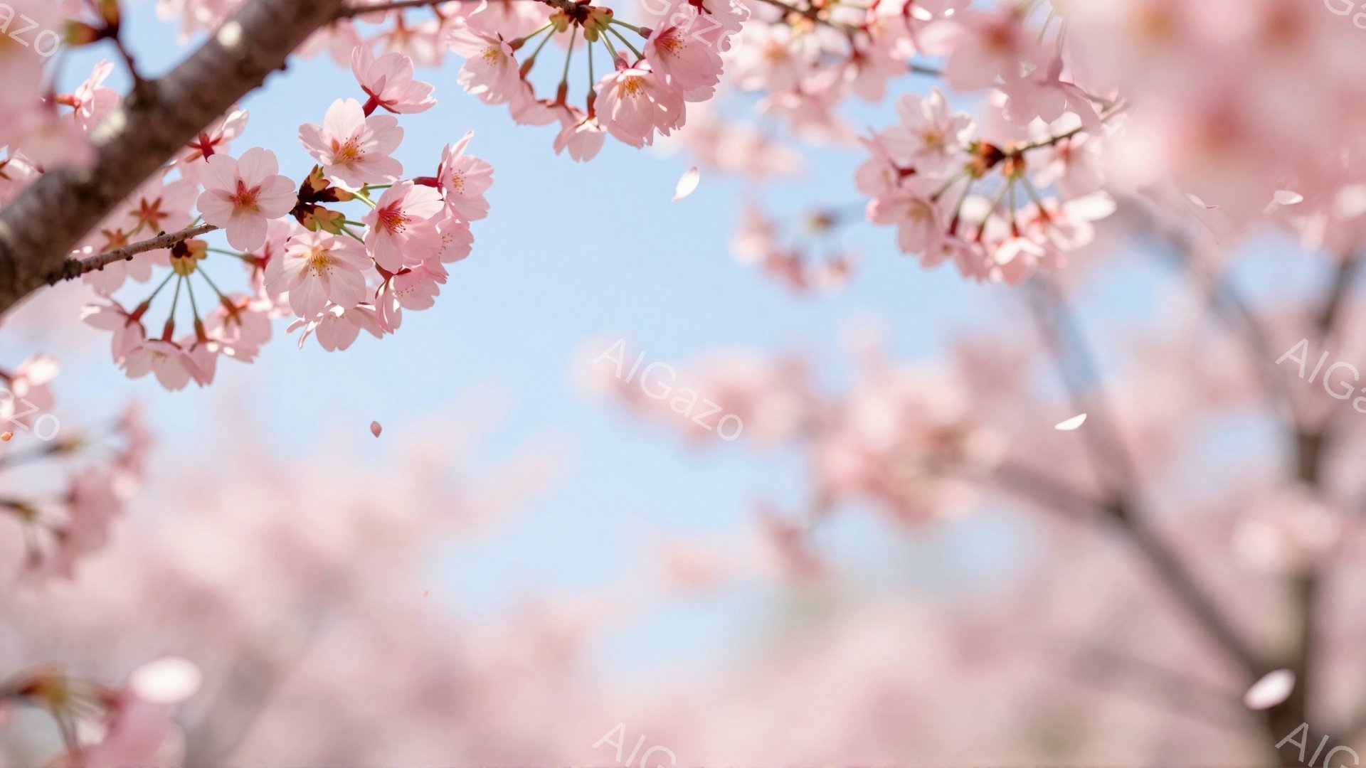 桜の花びらが舞い散る、春の美しい風景です。空は淡い水色で、桜の淡いピンク色とのコントラストが印象的です。花びらはぼやけており、春の儚い美しさを表現しています。