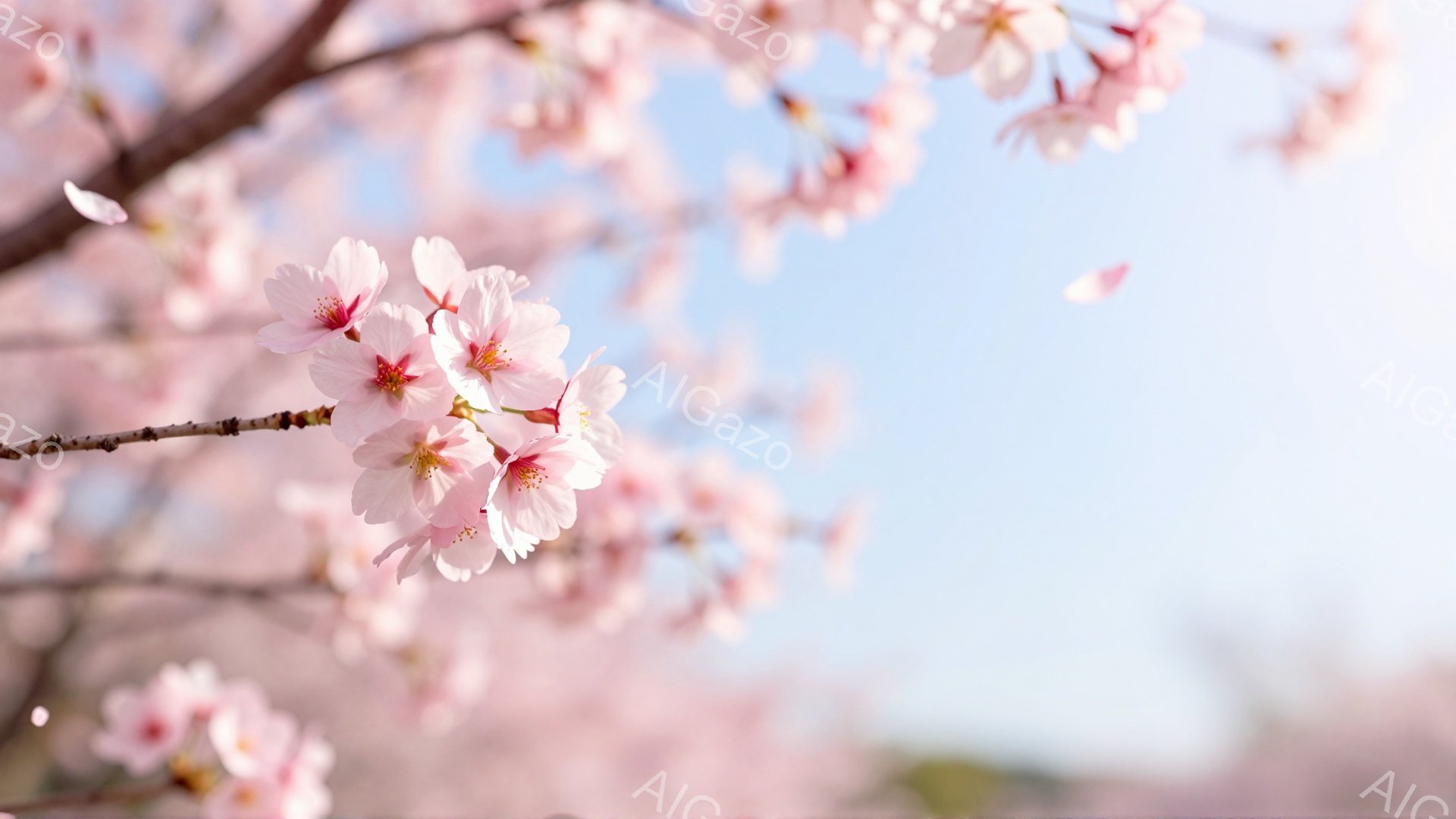 桜の花が咲き乱れ、春の訪れを感じさせる一枚の写真です。淡いピンク色の花びらが空を背景に美しく、柔らかな光が全体を包み込み、穏やかな雰囲気を醸し出しています。背景にはぼんやりと緑が見え、春の暖かさと優しさを表現しています。
