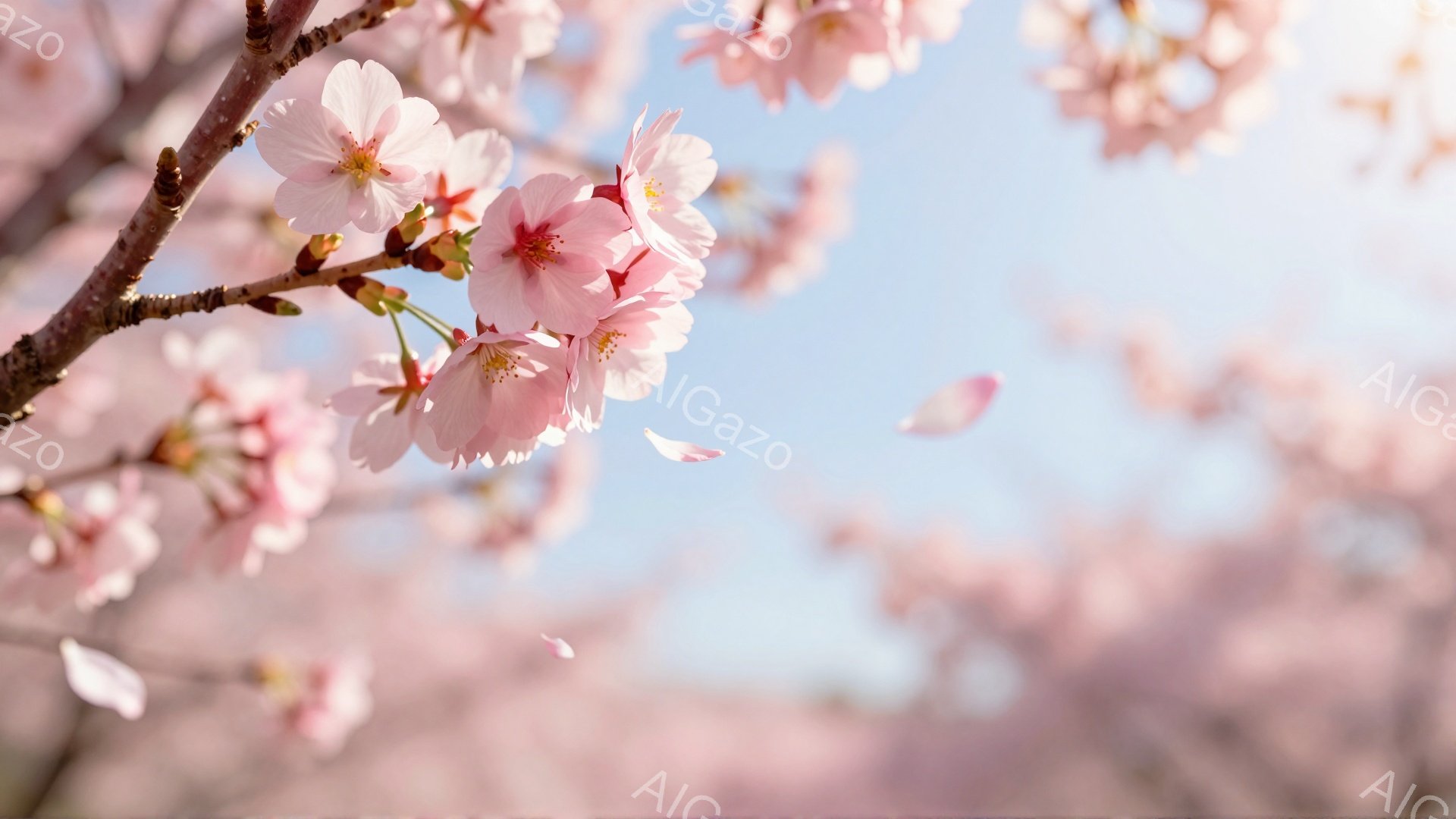 桜の花が咲き乱れ、薄いピンク色が空一面を覆っている。枝にはたくさんの花が咲き誇り、花びらが舞い散っている様子が捉えられている。背景は穏やかな青空で、春の暖かく優しい雰囲気が伝わってくる。 - AI生成フリー素材