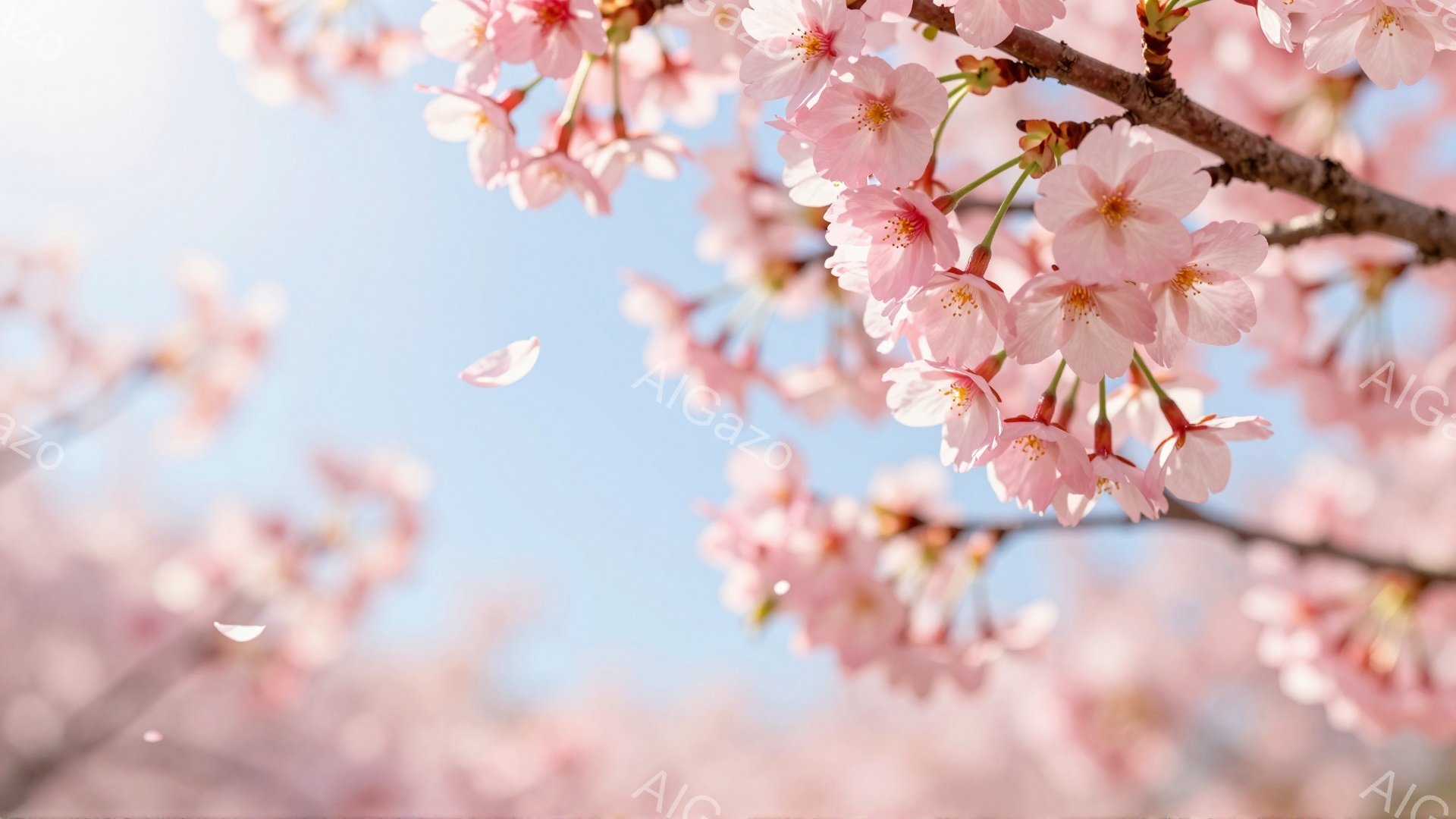 桜の花が咲き乱れ、空を背景に春の息吹を感じさせる美しい光景です。淡いピンク色の花びらが舞い散り、まるで夢の中にいるような幻想的な雰囲気が漂っています。青空と桜色のコントラストが鮮やかで、穏やかで優しい季節の訪れを告げています。