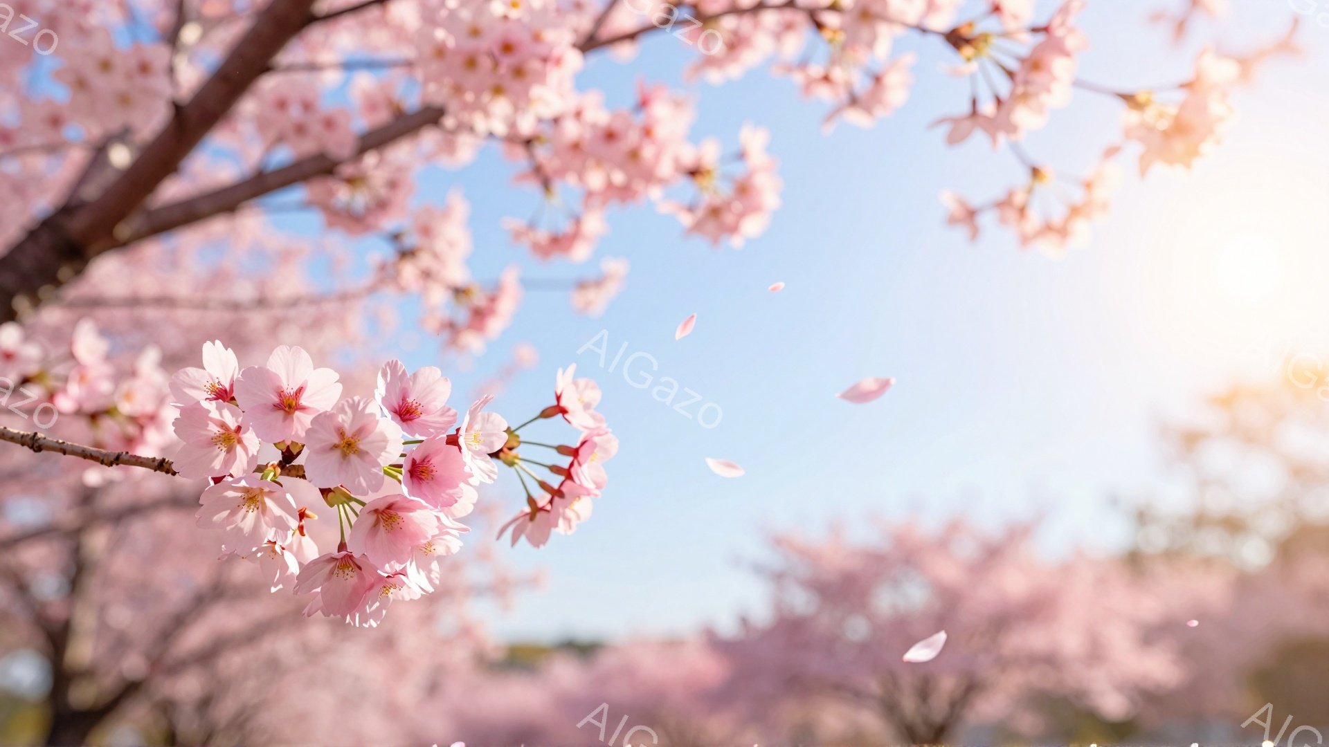 桜の花が満開の木が写っており、花びらが風に舞っている様子が捉えられています。背景には、ぼやけたピンク色の桜並木と明るい青空が広がり、春の暖かさと穏やかな雰囲気が漂っています。太陽の光が柔らかく差し込み - AI生成フリー素材