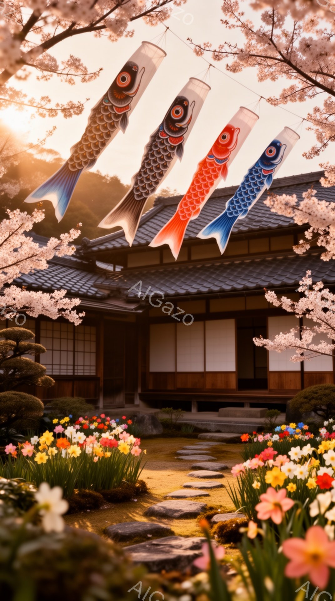 庭には色とりどりのスイセンが咲き乱れ、石畳の道が日本家屋へと続いています。鯉のぼりが空中に舞い、屋根の上と桜の木々が春の暖かな日差しに照らされています。全体的に、穏やかで平和な、春の訪れを感じさせる雰囲気です。