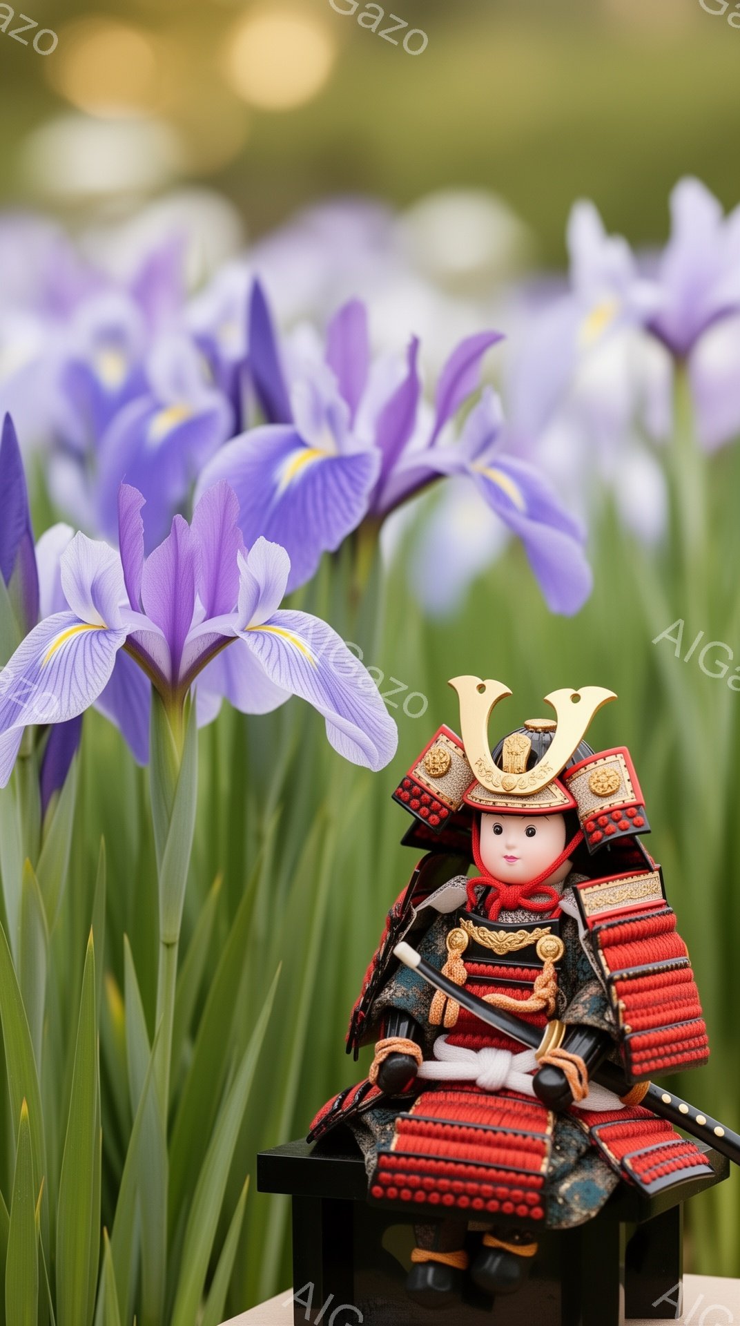 鮮やかな紫色の菖蒲の花を背景に、兜を被った少年が飾られています。少年は赤い鎧を身につけ、凛々しい表情でまっすぐ前を見つめています。背景にはぼやけた菖蒲畑が広がり、五月人形の力強さと菖蒲の季節の美しさを際立たせています。