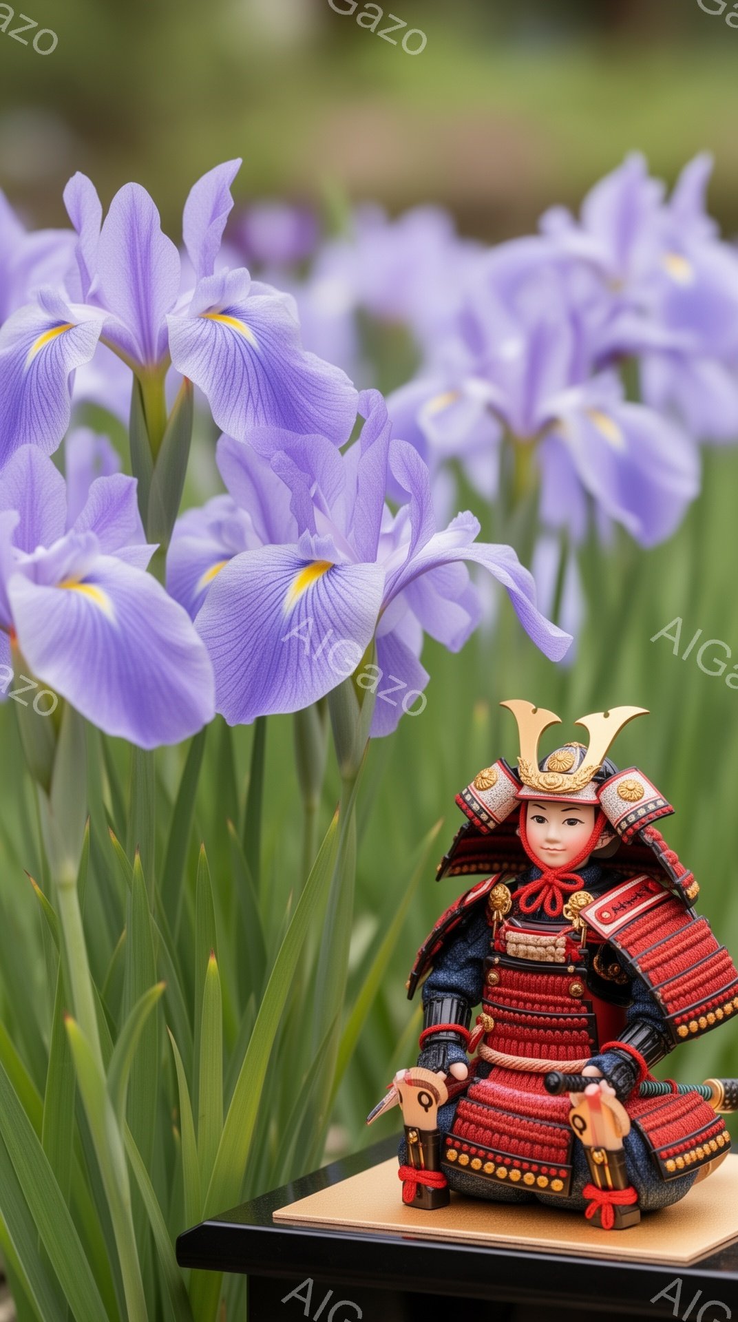 鮮やかな紫色の菖蒲の花を背景に、甲冑を身につけた人形が座っています。人形は赤い顔と黒い髪を持ち、凛々しい表情をしています。黒い台座の上に置かれ、背景の緑と菖蒲の花とのコントラストが、武士道の精神と自然の美しさを感じさせます。