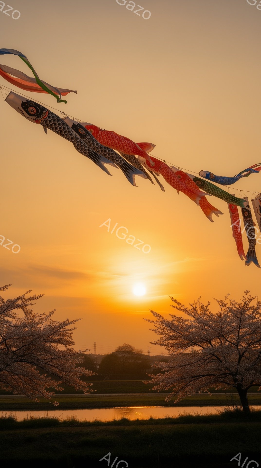 夕焼け空の下、鯉のぼりが並んで空を泳いでいるように見える。背景には桜の木々と穏やかな水面が広がり、暖かい春の日の穏やかな雰囲気を醸し出している。太陽は地平線に沈み、空全体をオレンジ色と金色に染め上げて - AI生成フリー素材