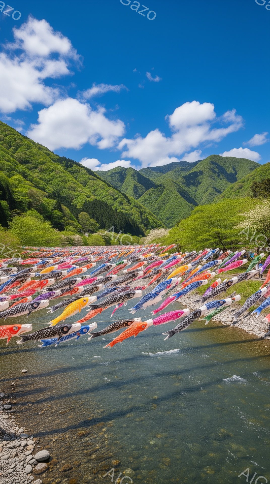 鮮やかな鯉のぼりが、澄んだ川の流れに乗って整然と並んでいる。背景には緑豊かな山々が連なり、青空と白い雲が広がり、子供の日を祝う穏やかで希望に満ちた雰囲気を醸し出している。川岸には数人の人が見られ、鯉の - AI生成フリー素材