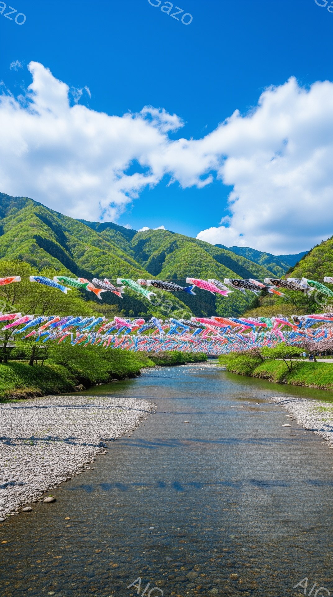 青空の下、川の上に色とりどりの鯉のぼりが並んで飾られています。背景には緑豊かな山々が連なり、川底には小石が敷き詰められています。全体的に穏やかで、春らしいお祭りや行事の雰囲気が漂っています。