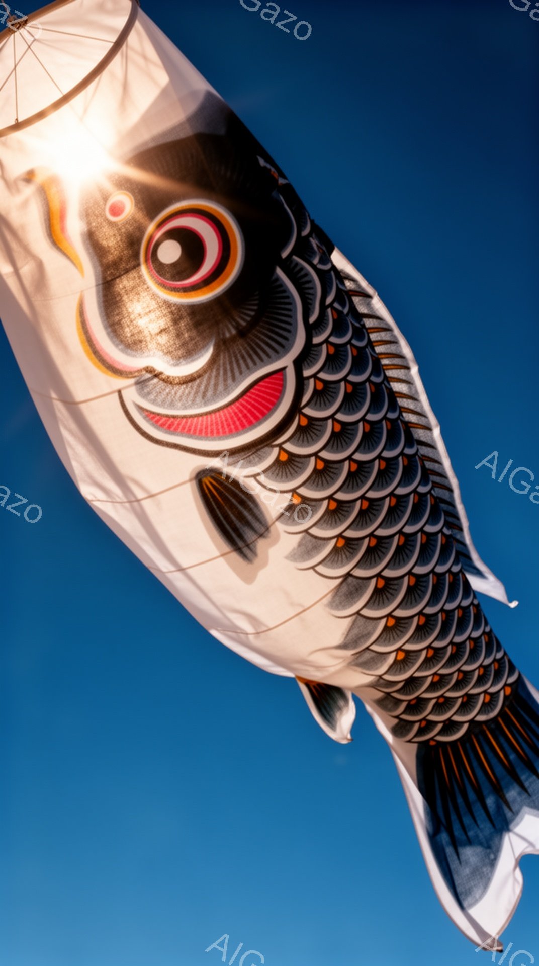 空を飛ぶ鯉のぼりが、鮮やかな色彩で印象的だ。白を基調とした鯉には、黒い模様と赤い口が描かれ、力強い生命力を感じさせる。背景は晴れ渡った青空で、鯉のぼりが太陽の光を浴びて輝いている。