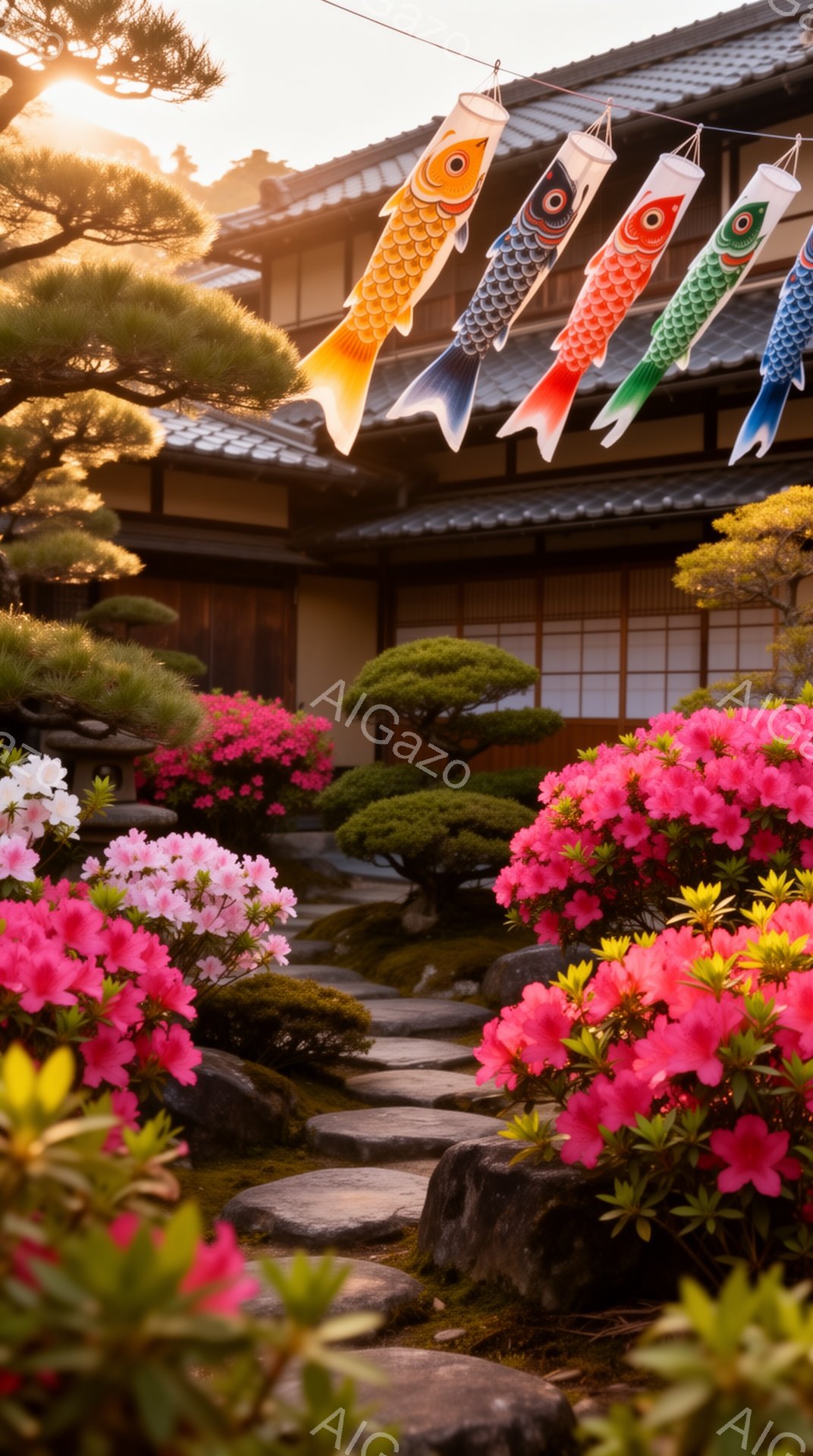 色とりどりの鯉のぼりが、庭の空中に飾られています。庭には、ピンクや白のアジサイ、手入れの行き届いた低い木々、石畳の道があり、日本の伝統的な家屋が背景にぼんやりと見えます。暖かく穏やかな光が、平和で祝祭 - AI生成フリー素材